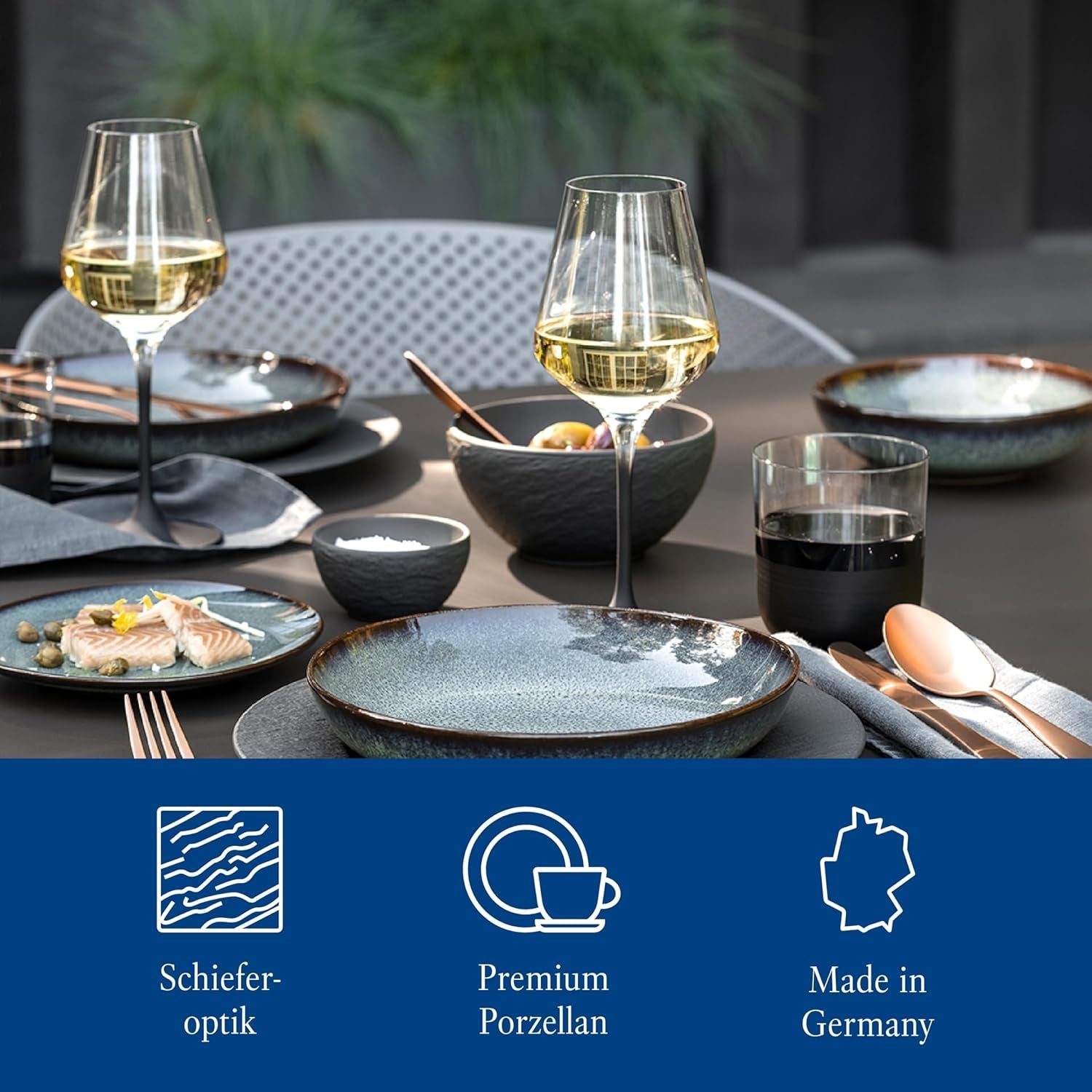 Zestaw startowy Villeroy & Boch Manufacture Rock, 6 elementów, czarny, można myć w zmywarce, można używać w kuchence mikrofalowej, czarny matowy zestaw naczyń obiadowych, zastawa stołowa, sztućce, porcelana Premium