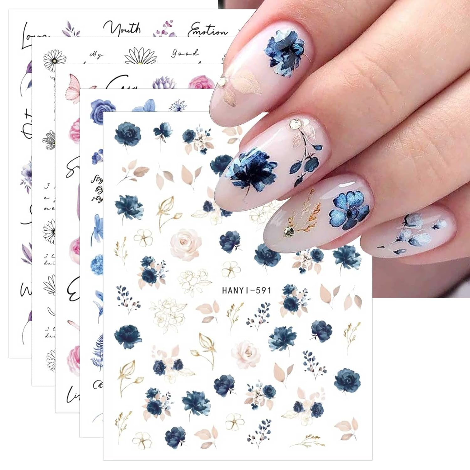 JMEOWIO Nagelsticker Blumen Frühling 9 Blatt Nail Art Naklejka Selbstklebend Nagelaufkleber Buntes Sommer Blumen Dekoration Nageldesign Zubehör