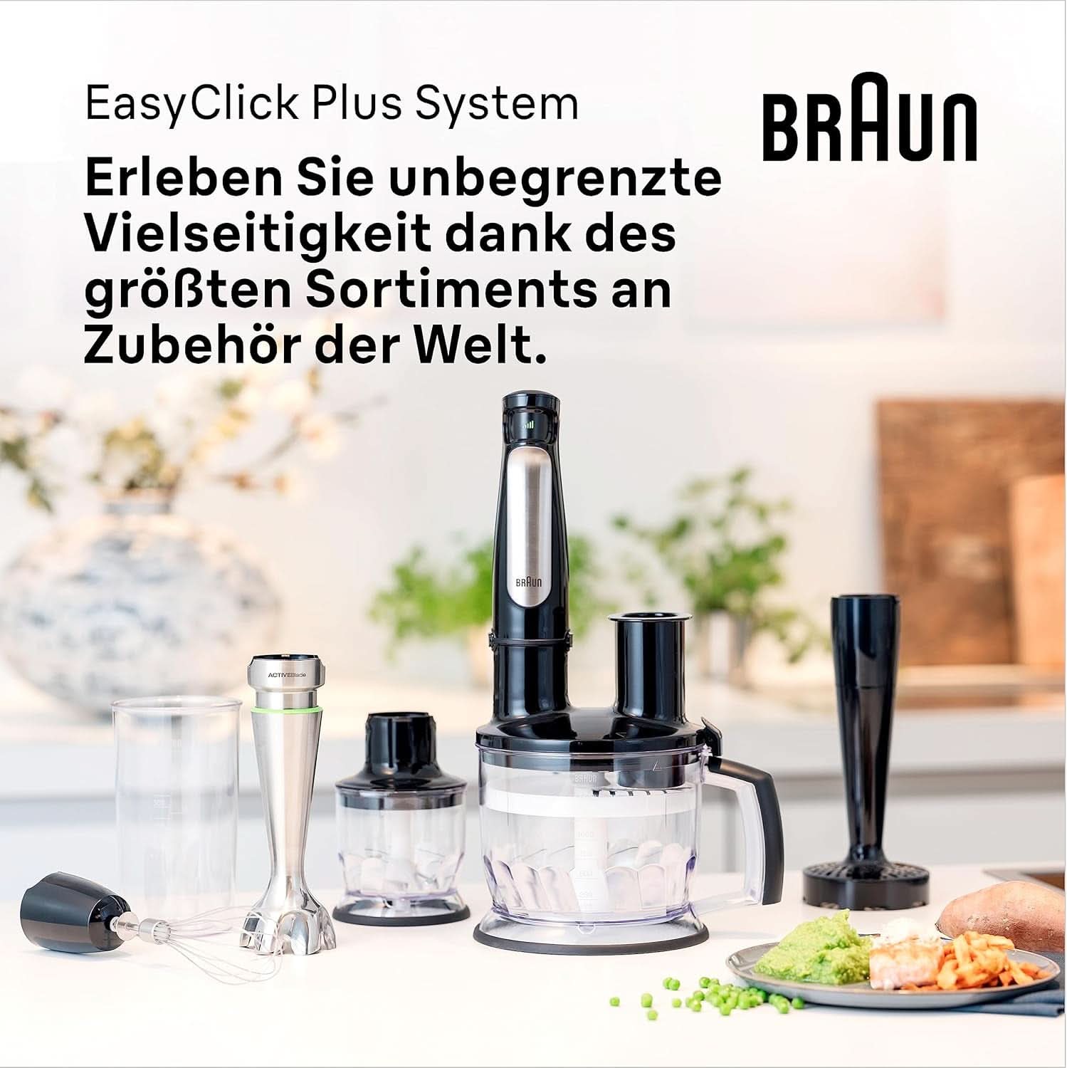 Braun Multiquick 7 MQ 7035X Stabmixer - Pürierstab Mit Abnehmbarem Edelstahl Mixfuß Mit Activeblade Technologie Zum Pürieren Der Härtesten Ingredient, Inkl. Zestaw 3-Teiliges Zubehör, 1000 W, Schwarz Kitchen Naty Shop
