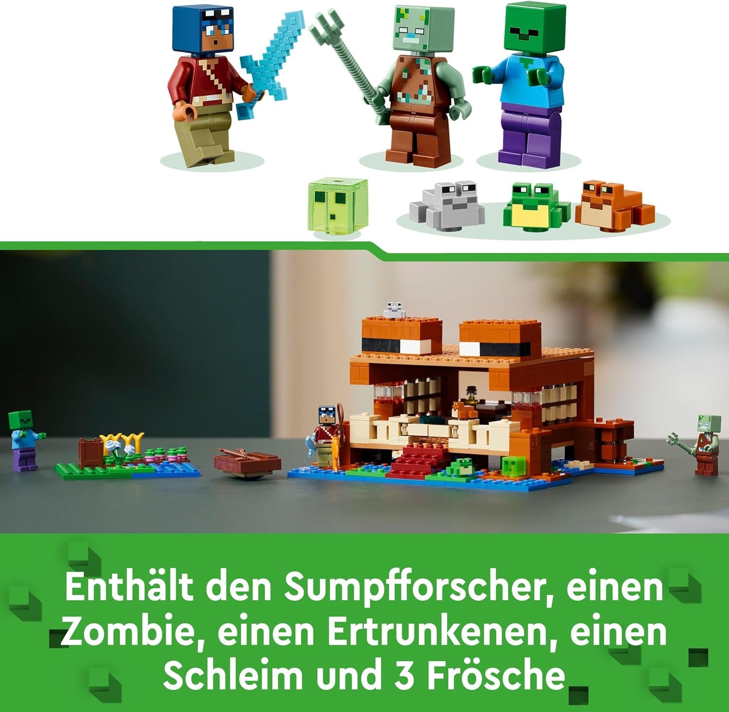 LEGO Minecraft Dom Żabi, zabawkowy domek z figurkami zombie, śluzu i tonącego człowieka oraz akcesoriami, takimi jak zabawkowa łódka i stół warsztatowy, prezent dla chłopców i dziewcząt od 8 lat 21256 Zestawy do budowania Besuche den LEGO-Store