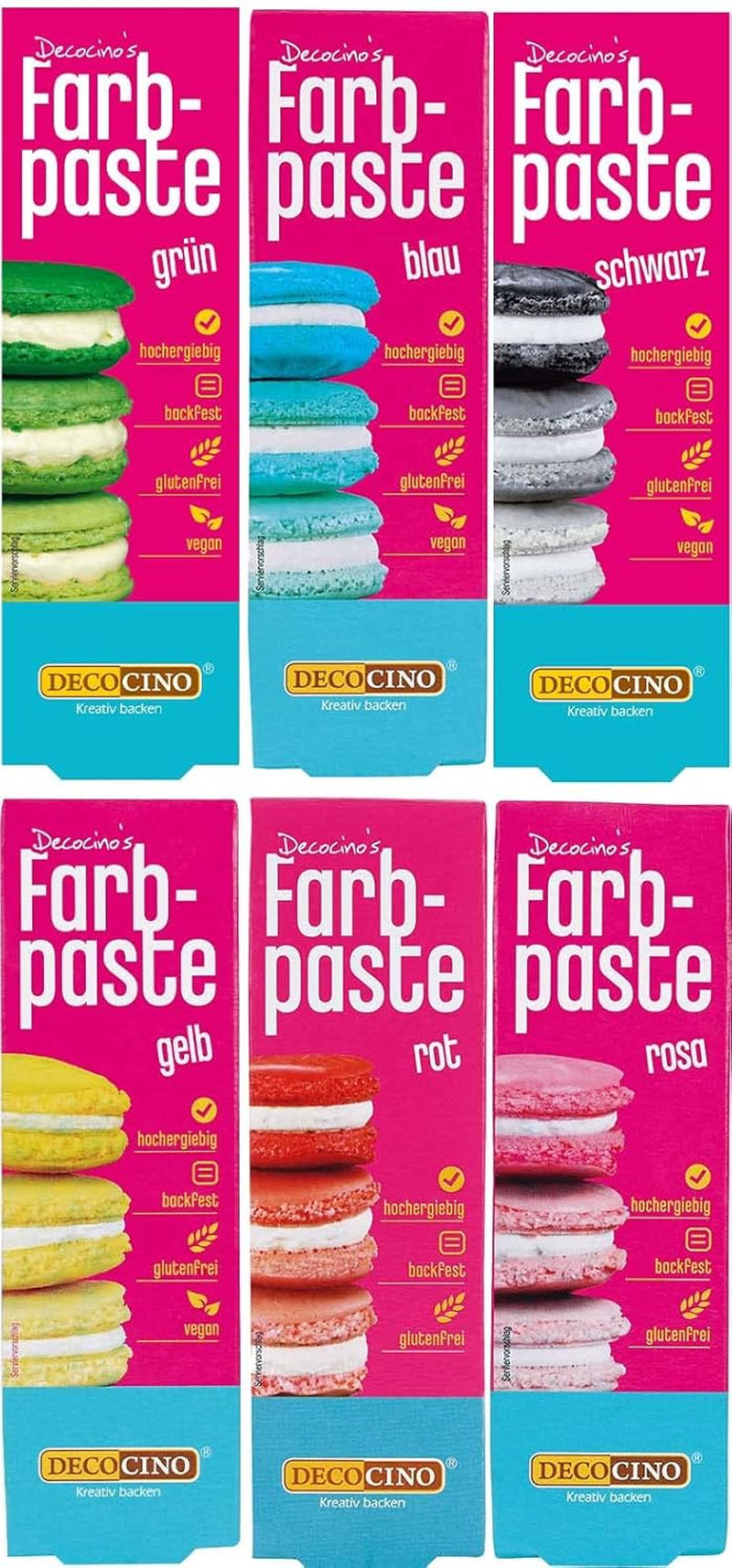 Zestaw 6 past kolorowych Decocino - 6 x 20 g - Barwniki spożywcze w kolorze czerwonym, różowym, zielonym, żółtym, niebieskim i czarnym, idealne do barwienia ciast, fondantów i kremów - Bez azo i bez glutenu