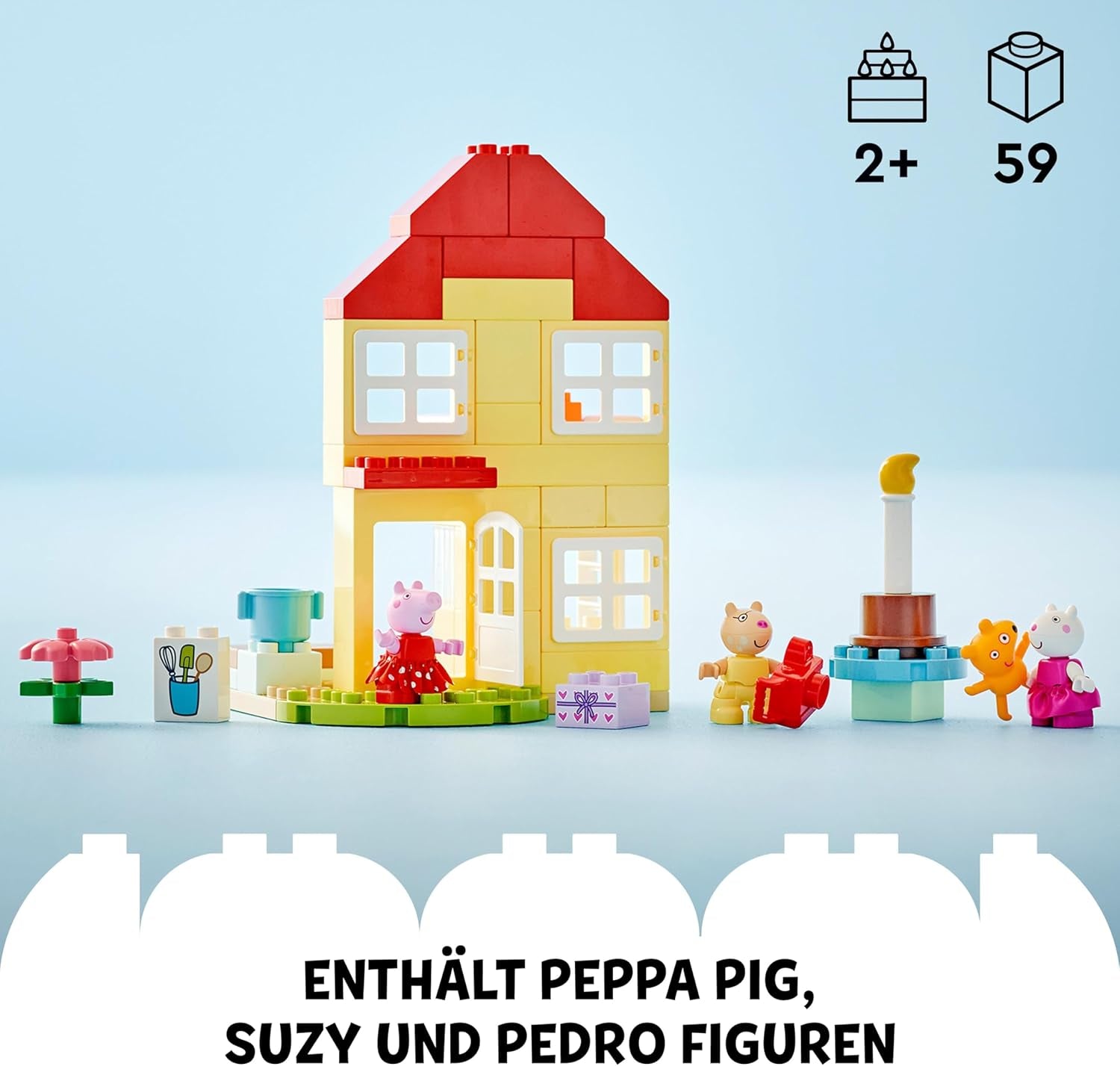 LEGO DUPLO Dom urodzinowy Peppy: kreatywna 3-figurkowa zabawka. Zbuduj i przebuduj zabawkowy dom dla 2-latków, chłopców i dziewcząt, rozwija zręczność 10433 Zestawy do budowania Besuche den LEGO-Store