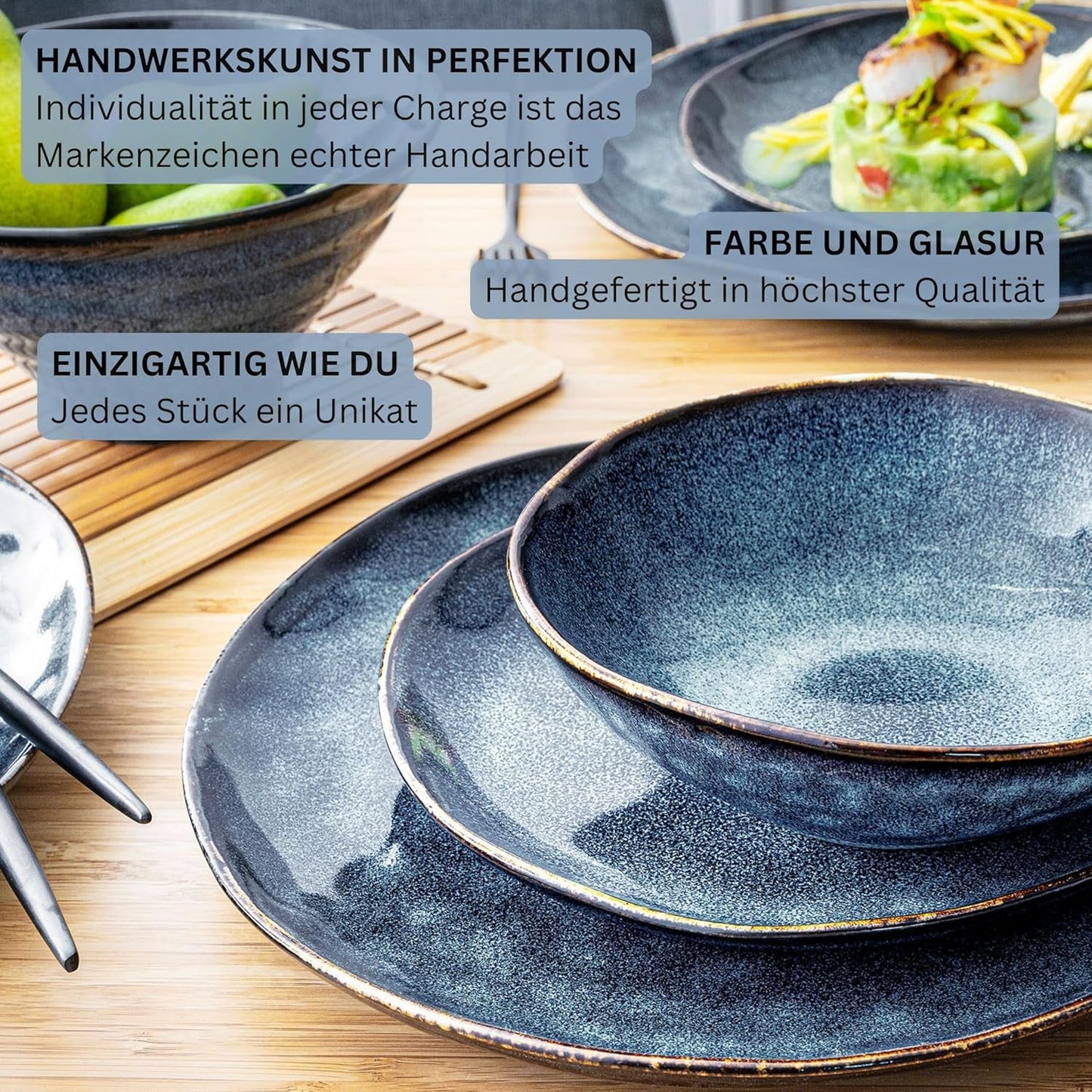Sänger | Tokio 36-częściowy zestaw obiadowy 12-osobowy porcelanowy zestaw obiadowy Nowoczesne, ręcznie robione ciemnoniebieskie naczynia stołowe z czarnymi akcentami | KOLEKCJA PREMIUM