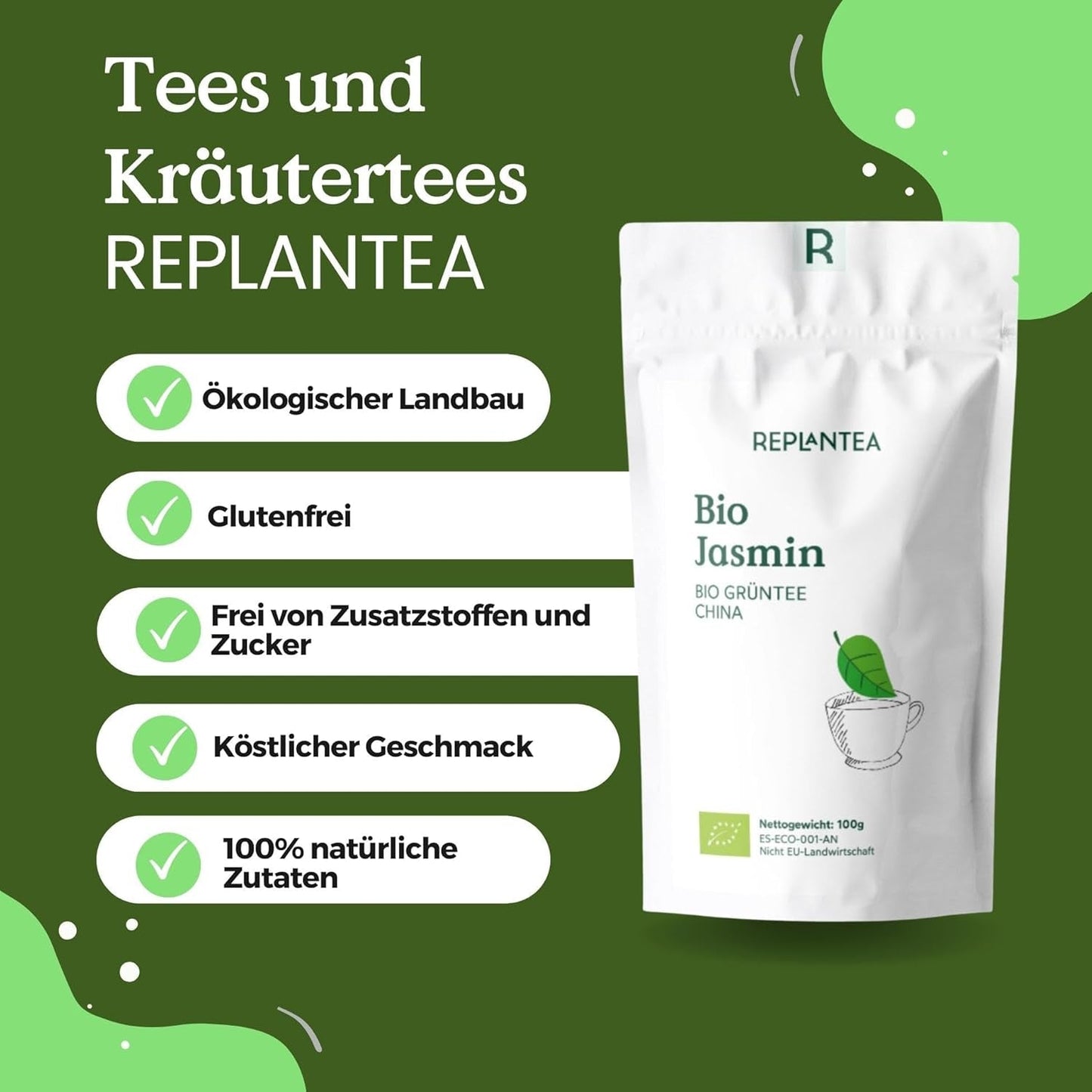Ekologiczna herbata zielona z jaśminem 100 g (50 filiżanek) | Herbata jaśminowa z Chin luzem, organiczna jakość REPLANTEA
