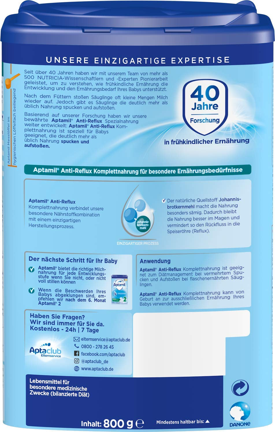 Aptamil Anti-Reflux - Kompletna formuła od urodzenia Zarządzanie dietą Wymioty i zarzucanie pokarmu Pokarm dla niemowląt Mleko w proszku 1 x 800g