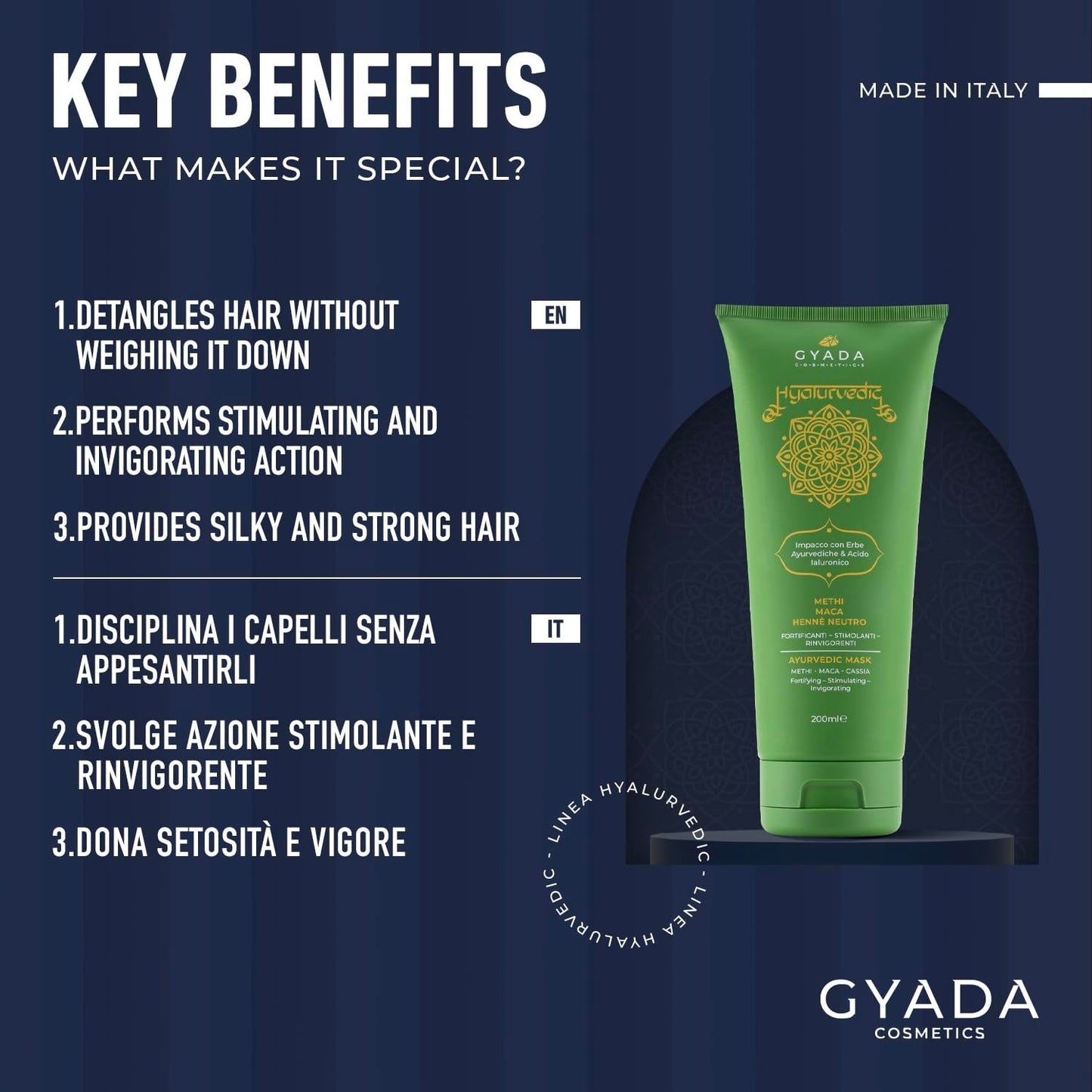 GYADA COSMETICS, Hialurwedyjski wzmacniający kompres ajurwedyjski, Profesjonalna kuracja do włosów cienkich i słabych, Przeciw puszeniu się z Methi, Maca, Henna neutralna, Maska do włosów Naty Shop 200ml
