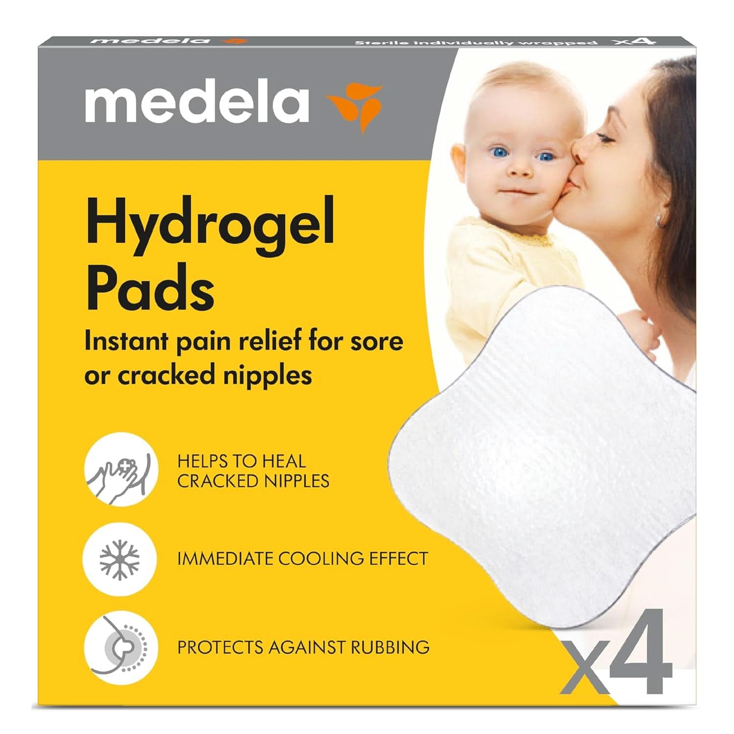Wkładki hydrożelowe Medela - natychmiastowa ulga i chłodzenie obolałych sutków - wielokrotnego użytku - opakowanie 4 sterylnych wkładek, pakowane pojedynczo Akcesoria Żywność i karmienie piersią Sklep Bebe Naty