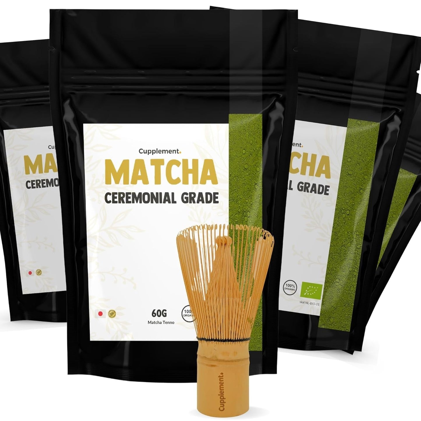 Cupplement Matcha 90 gramów organicznych - Najwyższej jakości sproszkowana zielona herbata - Bez bambusowej trzepaczki i drutu - Kulinarny - Zestaw dla początkujących - Latte - Trzepaczka - Japonia - Proszek - Herbata - Drut - Torba - Smoothie