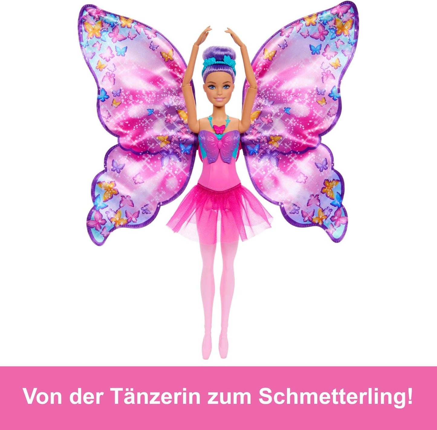 Barbie Tancerka i Motyl 2 w 1 Przemieniająca tancerkę w motyla z otwieranymi skrzydłami, fioletowymi włosami, akcesoriami do włosów i odpinaną spódniczką Tutu, HXJ10