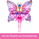 Barbie Tancerka i Motyl 2 w 1 Przemieniająca tancerkę w motyla z otwieranymi skrzydłami, fioletowymi włosami, akcesoriami do włosów i odpinaną spódniczką Tutu, HXJ10