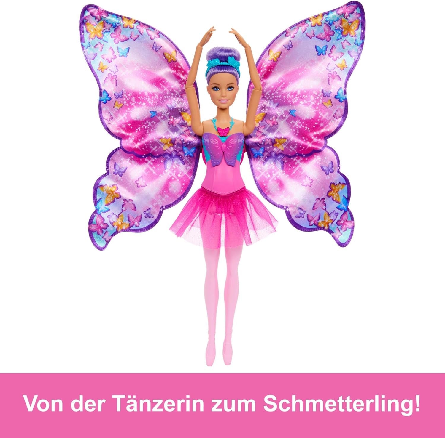 Barbie Tancerka i Motyl 2 w 1 Przemieniająca tancerkę w motyla z otwieranymi skrzydłami, fioletowymi włosami, akcesoriami do włosów i odpinaną spódniczką Tutu, HXJ10