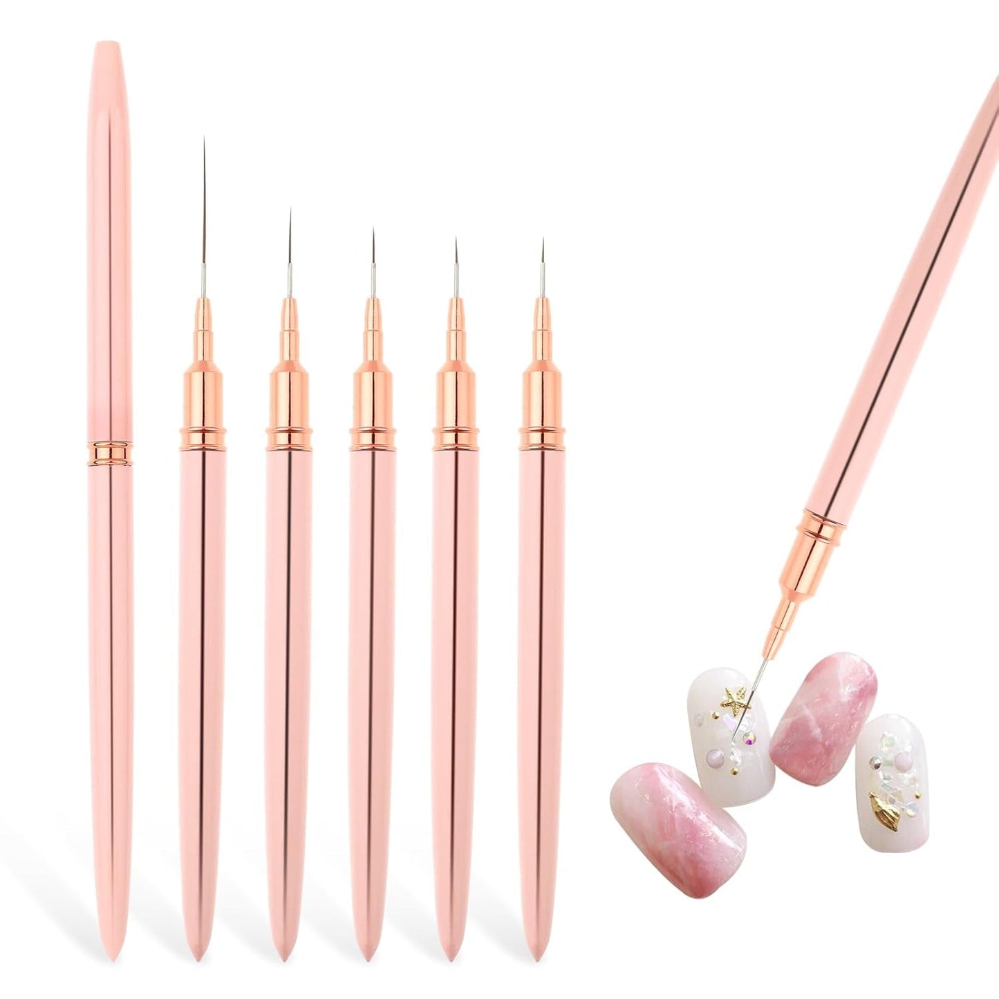 Nail Art Liner-Pędzel 5-Teiliges Gel-Nagellack-Malerei-Nagel-Punkt-Zeichnungs-Werkzeug Für Lange Linien Kunst-Design-Stift-Set Metallgriff Nail-Art-Design-Binsel Für Frauen
