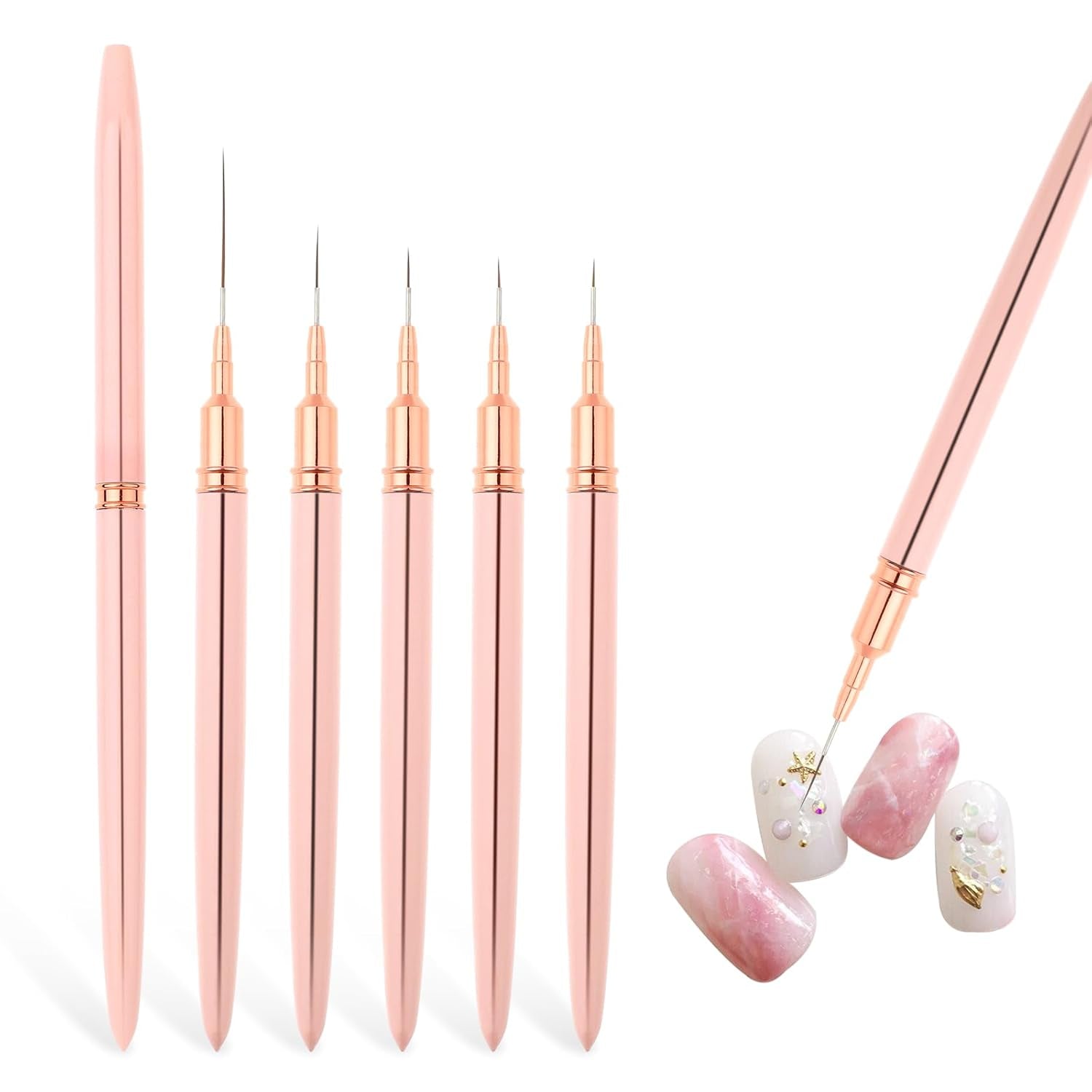 Nail Art Liner-Pędzel 5-Teiliges Gel-Nagellack-Malerei-Nagel-Punkt-Zeichnungs-Werkzeug Für Lange Linien Kunst-Design-Stift-Set Metallgriff Nail-Art-Design-Binsel Für Frauen