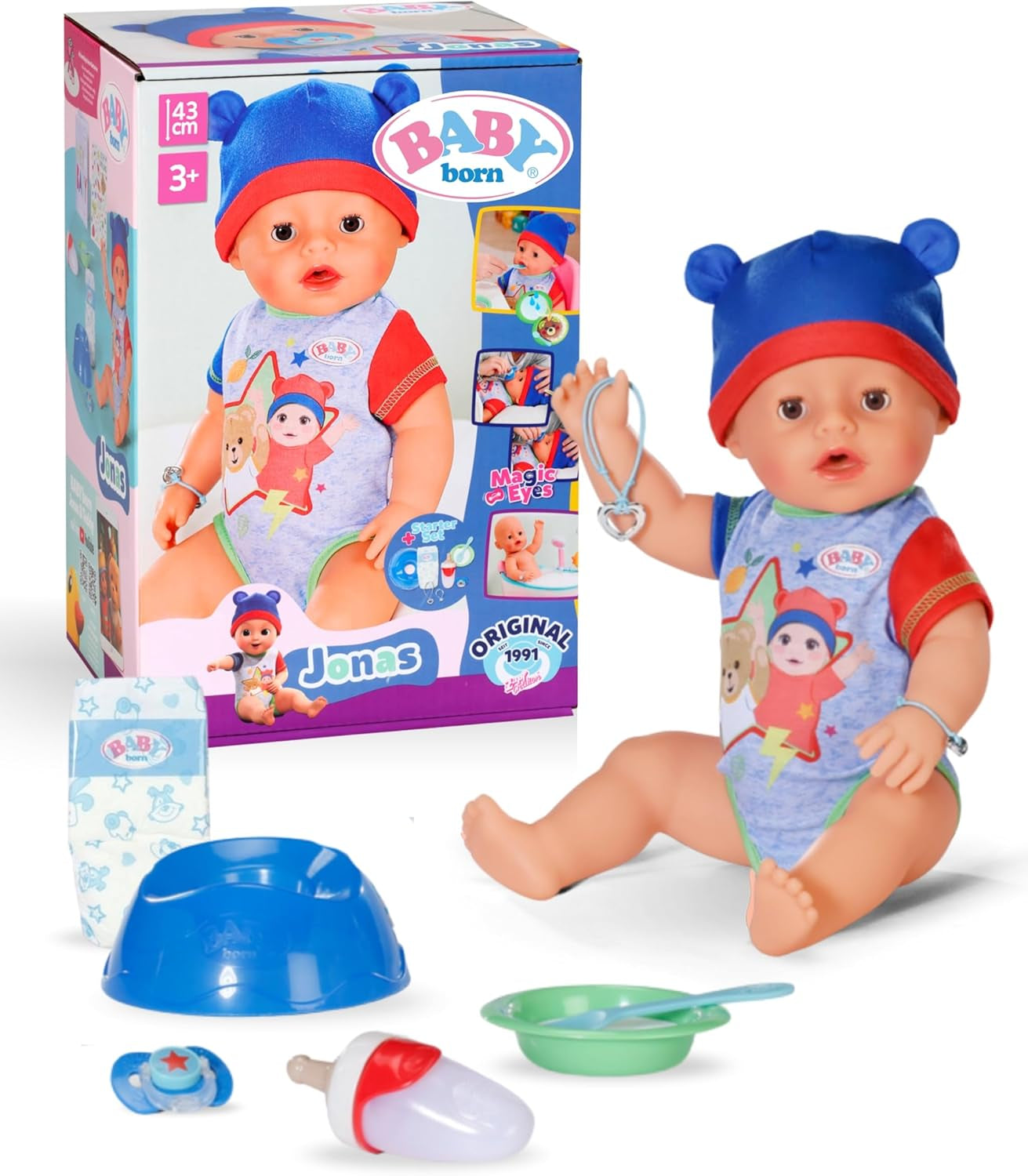 BABY Born Jonas - laleczka bobas 43 cm - 10 funkcji, w tym akcesoria i materacyk - W pełni działa bez baterii - Odpowiednia dla dzieci w wieku od 3 lat