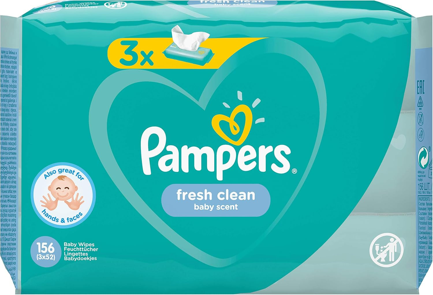 Chusteczki Pampers Fresh Clean Baby 81688041, 3x52 sztuki, (chusteczki dla niemowląt, plastikowa torba, dziewczynka/chłopiec, turkusowy, biały, Niemcy, 896,7 g)