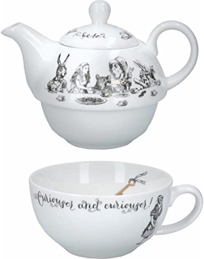 Zestaw dzbanków i filiżanek Alicja w Krainie Czarów dla 1 osoby w pudełku upominkowym, delikatny porcelanowy serwis do herbaty, biały, 250 ml