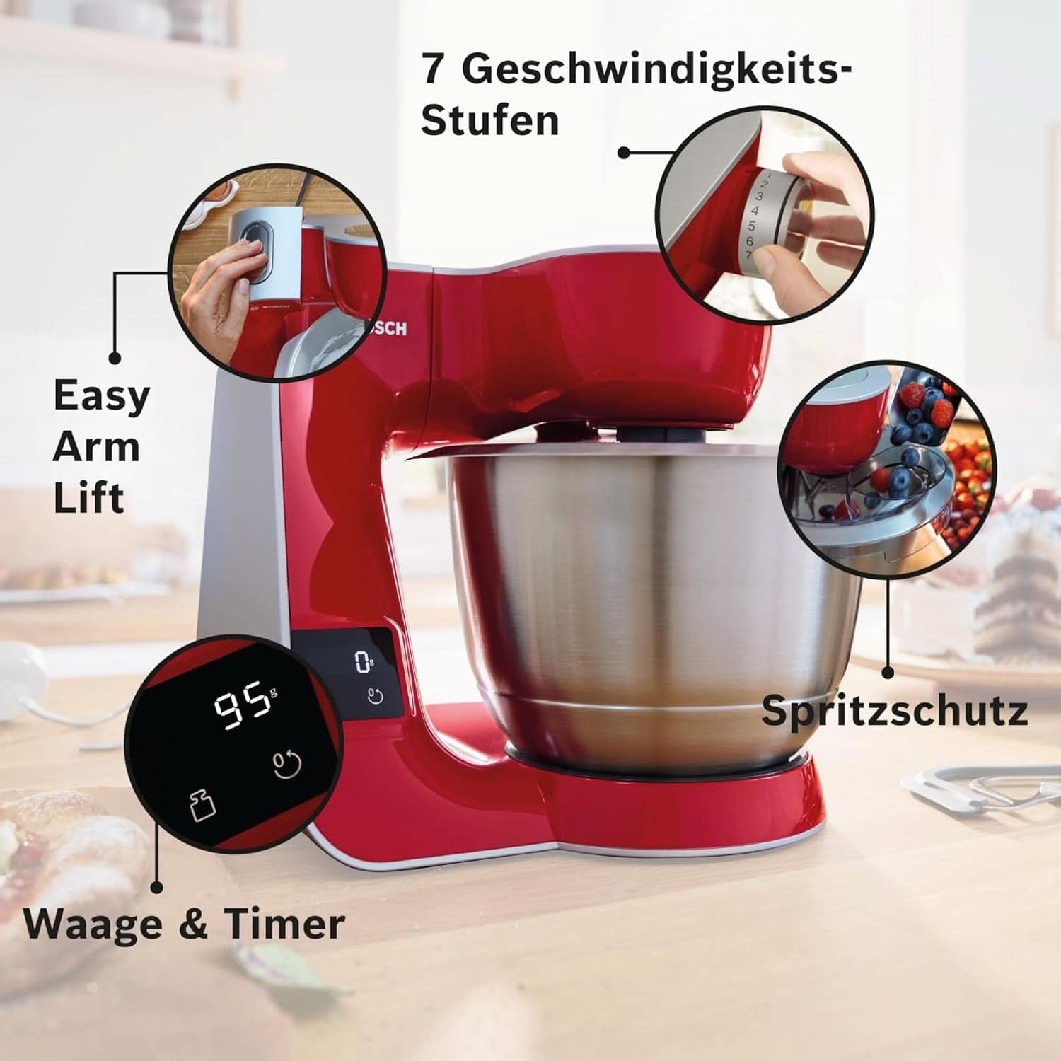 Robot kuchenny Bosch Seria 4 MUM5X720, zintegrowana waga, miska ze stali nierdzewnej 3,9L, mikser 1,25L, 1000W Akcesoria Żywność i karmienie piersią Bebe Naty Shop