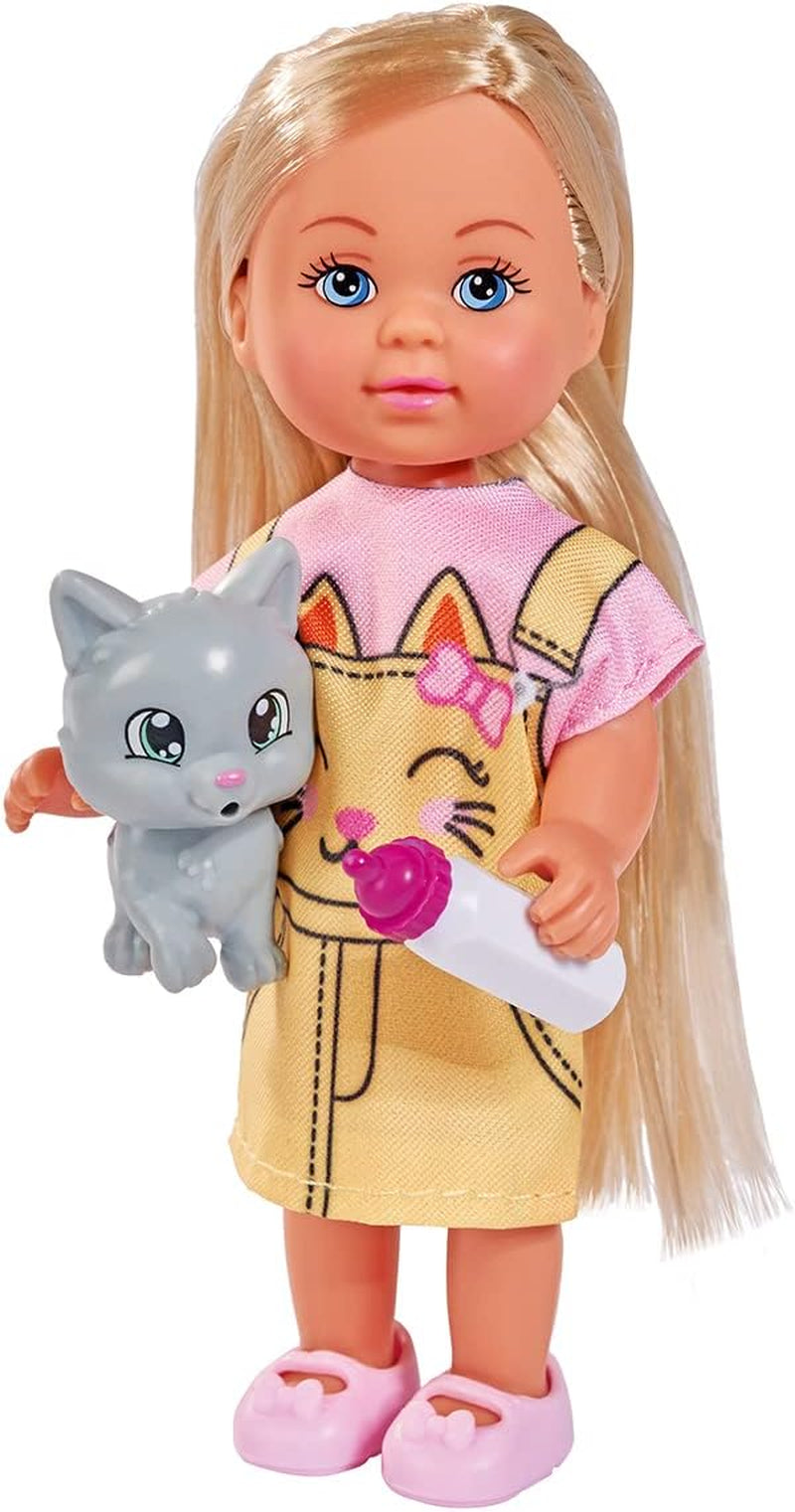 Simba 105733591 - Evi Love Kitty 2 sposoby dopasowania tylko 1 przedmiot zostanie wysłany Lalka w uroczej sukience dla kota z kociętami i butelką do picia 12 cm Lalka do zabawy Wiek 3+