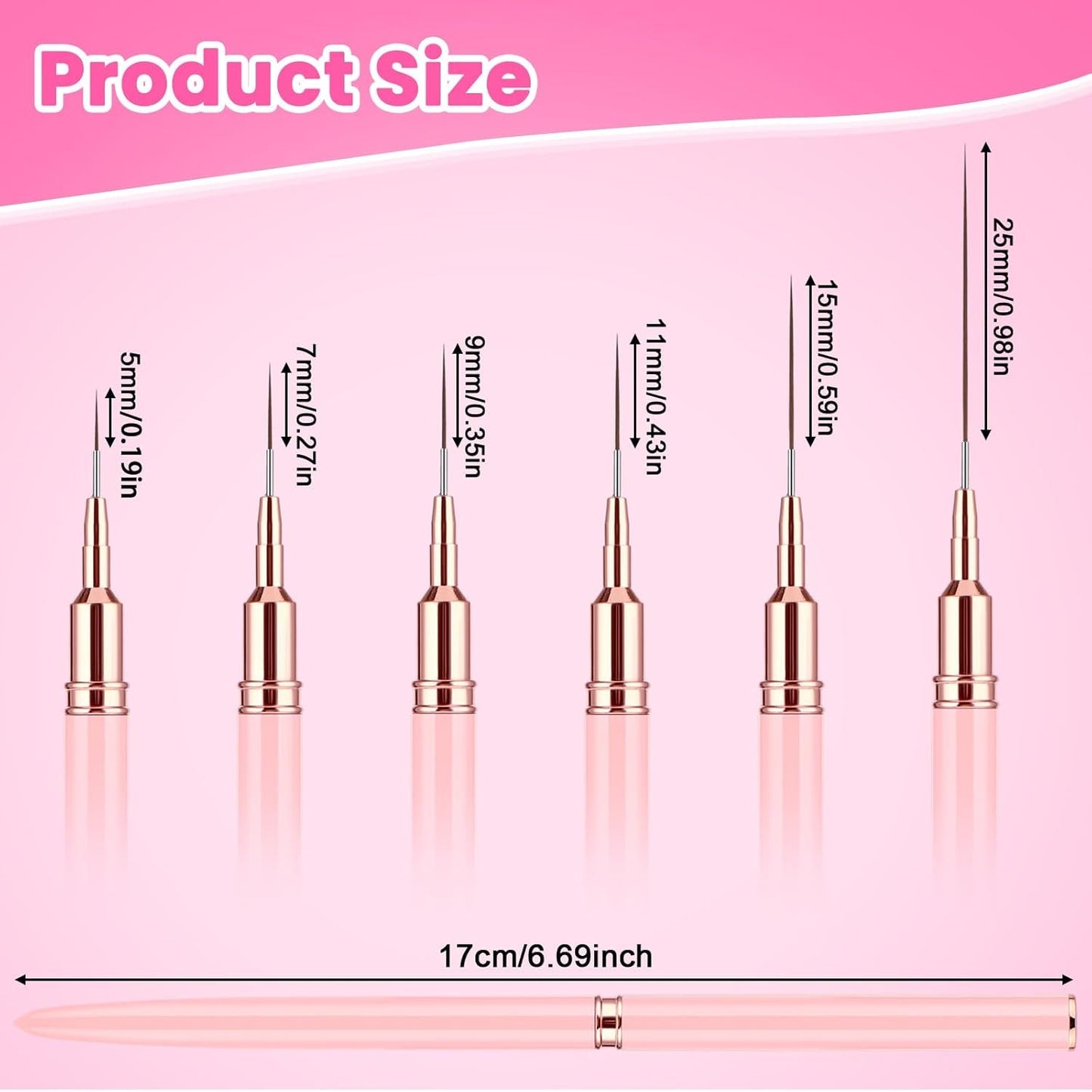 6 Stück Liner Pinsel Nailart Nageldesign Zestaw Pinsel Dünn Acryl Nagelpunkt-Zeichenwerkzeug Nägel Dünne Nagelpinsel Zestaw Für Lange Linien, Dünne Detale, Feines Zichnen 5/7/9/11/15/25 Mm（Rosa）
