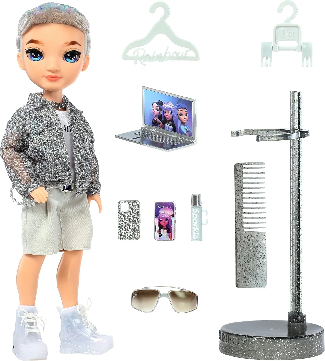 Lalka Rainbow High Fashion – Aidan Russell – Fioletowa lalka chłopiec – modny strój i ponad 10 kolorowych akcesoriów do zabawy – dla kolekcjonerów i dzieci w wieku 4–12 lat