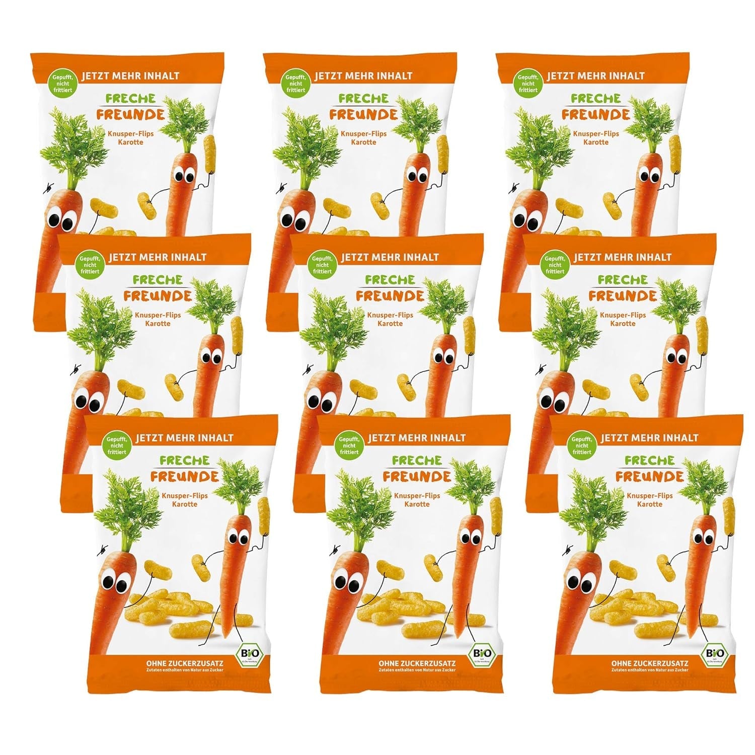 Organiczne chipsy owocowe „100% Strawberry” Liofilizowane chipsy truskawkowe (12 x 12 g) i nowe organiczne chrupiące chipsy kukurydziano-marchewkowe, ekologiczna przekąska, od 1 roku, (9 x 30g) 270g