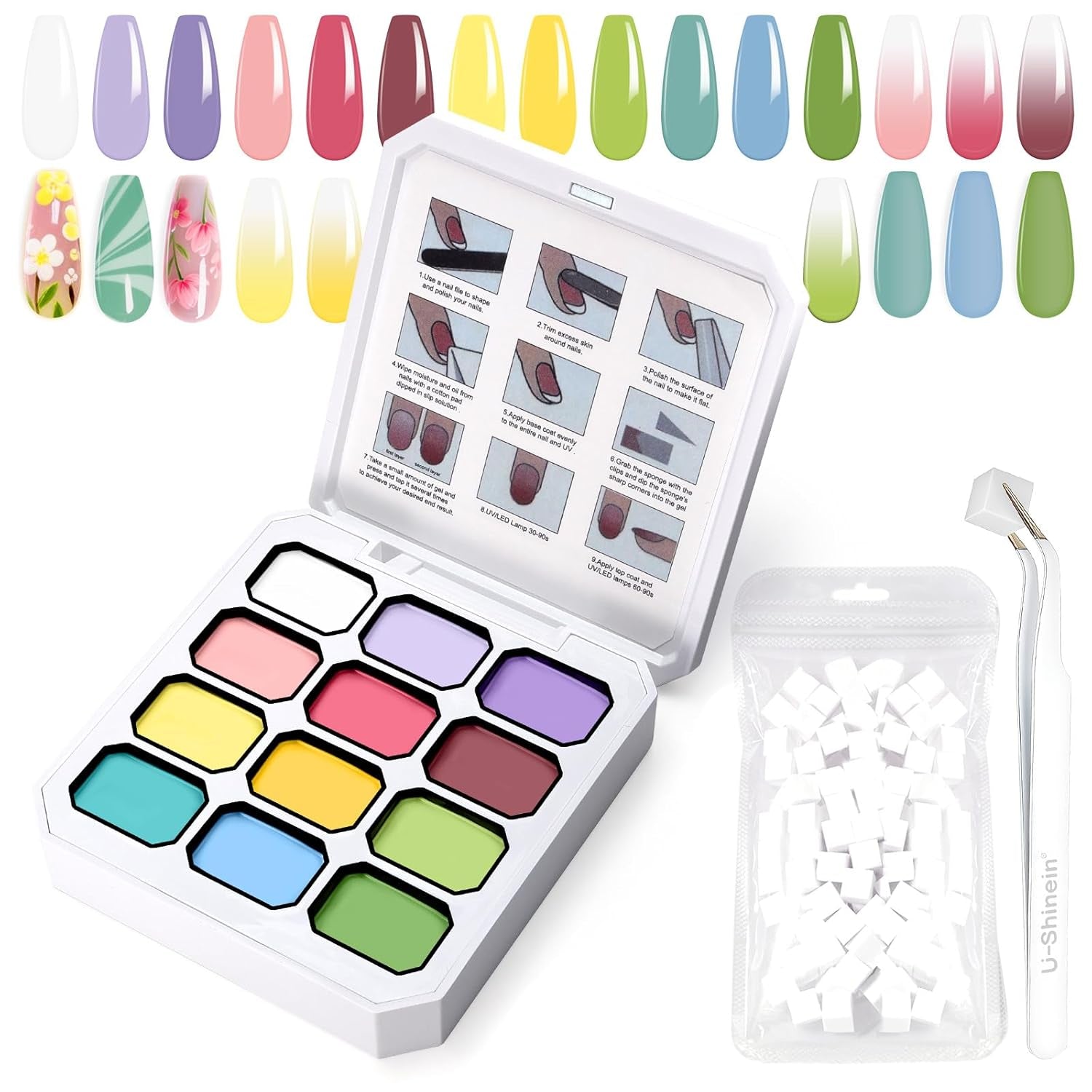Żel do malowania gradientowego, 12 kolorów Ombre żelowy lakier do paznokci z 100 szt. Gąbeczek do paznokci i 4 pazurami Metalowy chwytak do francuskiego manicure DIY Nail Art, zestaw I