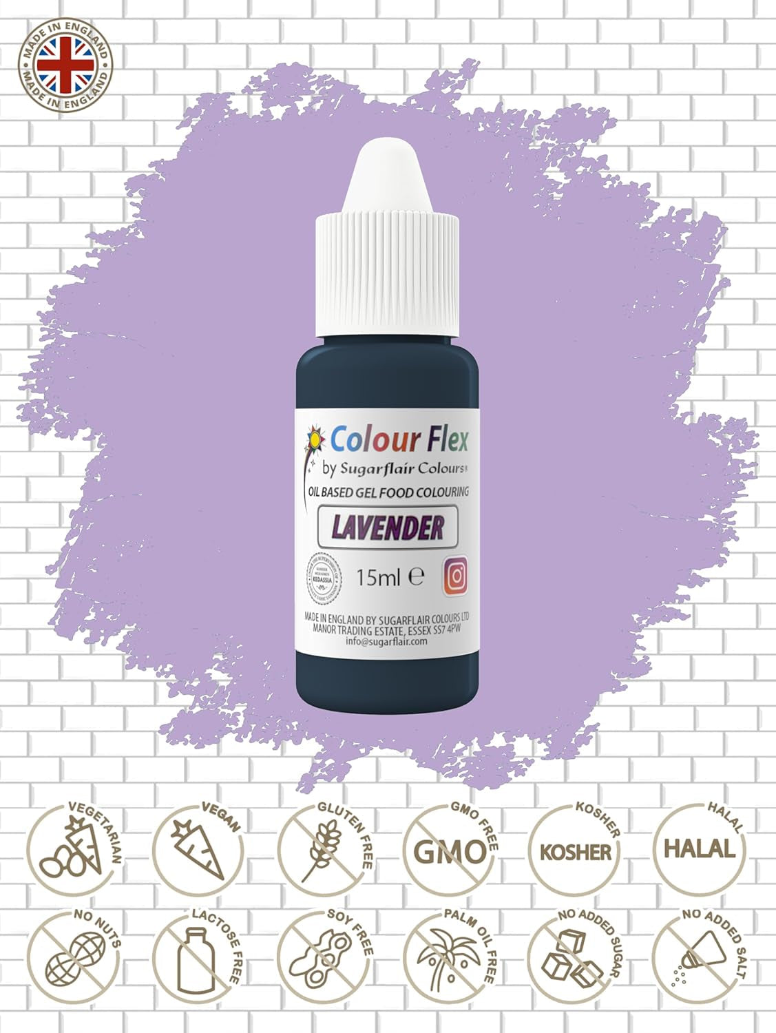 Sugarflair Colourflex Oil Based Barwnik spożywczy Lawendowy, wysoce skoncentrowany płynny barwnik spożywczy do kremów maślanych, czekolady, ciast, fondantów, lukrów i nie tylko - 15ml