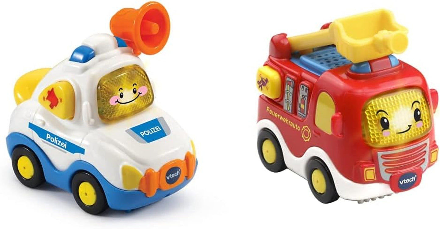 Vtech TUT TUT Baby Flitzer - Policja - Od 1-5 lat & TUT TUT Baby Flitzer - Wóz strażacki - Autko z muzyką, przyciskiem świetlnym, ciekawymi zdaniami i dźwiękami - Od 1-5 lat Bebe Toys Naty Shop Pakiet wozu strażackiego Baby Flitzer