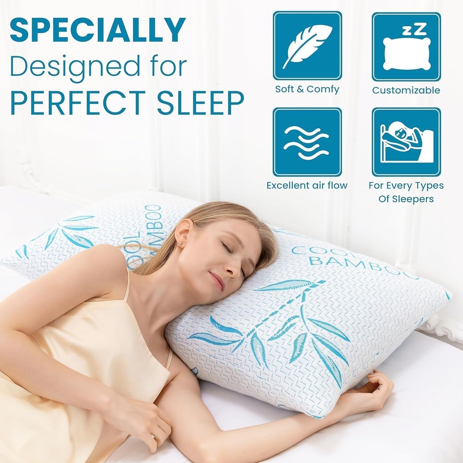Comfysleep King Size Bambusowa poduszka z wiskozy Chłodzenie Strzępiona pianka z pamięcią kształtu Regulowana bambusowa wiskoza Zdejmowane/nadające się do prania pokrycie 2 szt. Poduszki standardowe Naty Shop