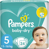 Pieluchy Pampers dla niemowląt rozmiar 5 (11-16 kg), 24 sztuki, ochrona przed wyciekaniem do 12 godzin