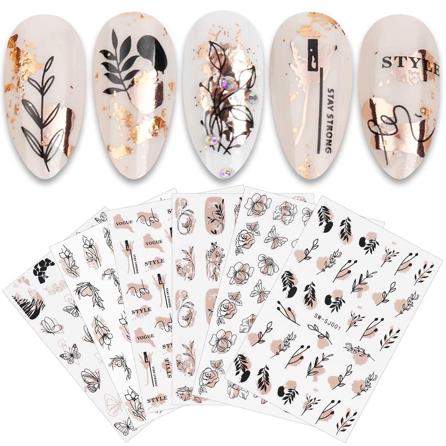 JMEOWIO Nagelsticker Różowe złoto Schwarze Blume 12 Blatt Nail Art Naklejka Selbstklebend Nagelaufkleber Frühlings Linie Abstraktes Blatt Dekoration Nageldesign Zubehör