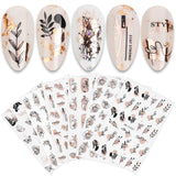 JMEOWIO Nagelsticker Różowe złoto Schwarze Blume 12 Blatt Nail Art Naklejka Selbstklebend Nagelaufkleber Frühlings Linie Abstraktes Blatt Dekoration Nageldesign Zubehör