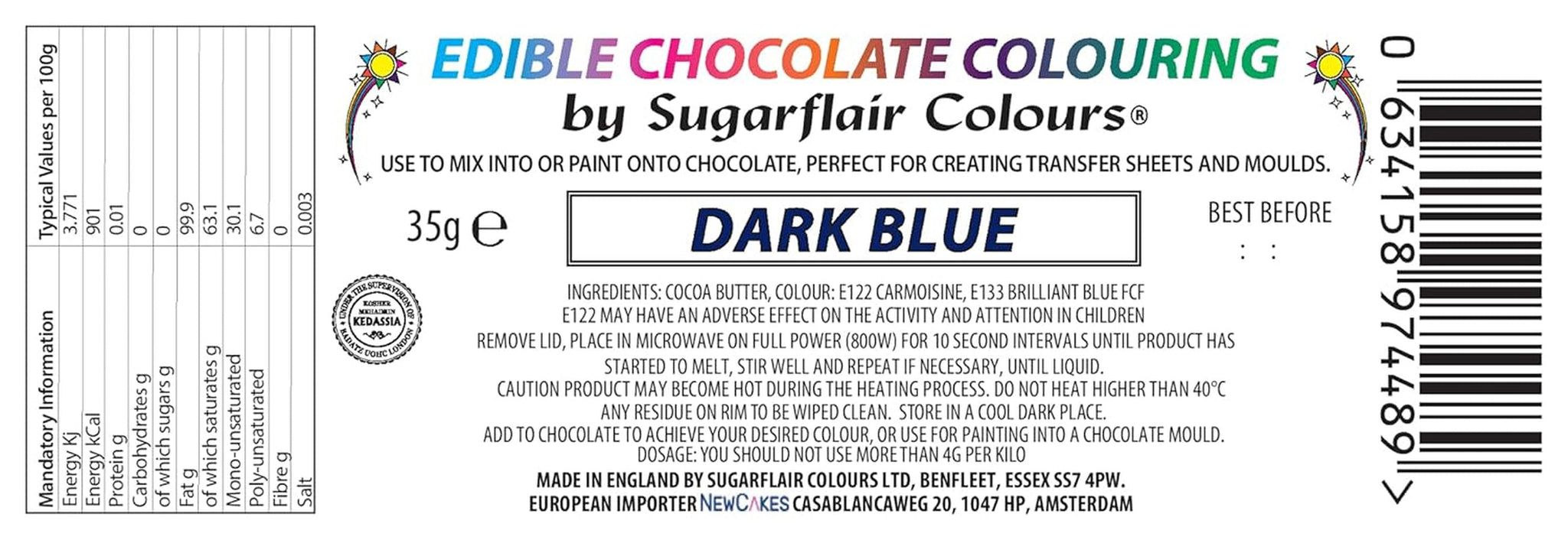 Barwnik spożywczy Sugarflair Chocolate Barwnik spożywczy do czekolady, granatowy - Kolorowe masło kakaowe, Barwnik czekoladowy do barwienia czekolady, Pralina - 35g