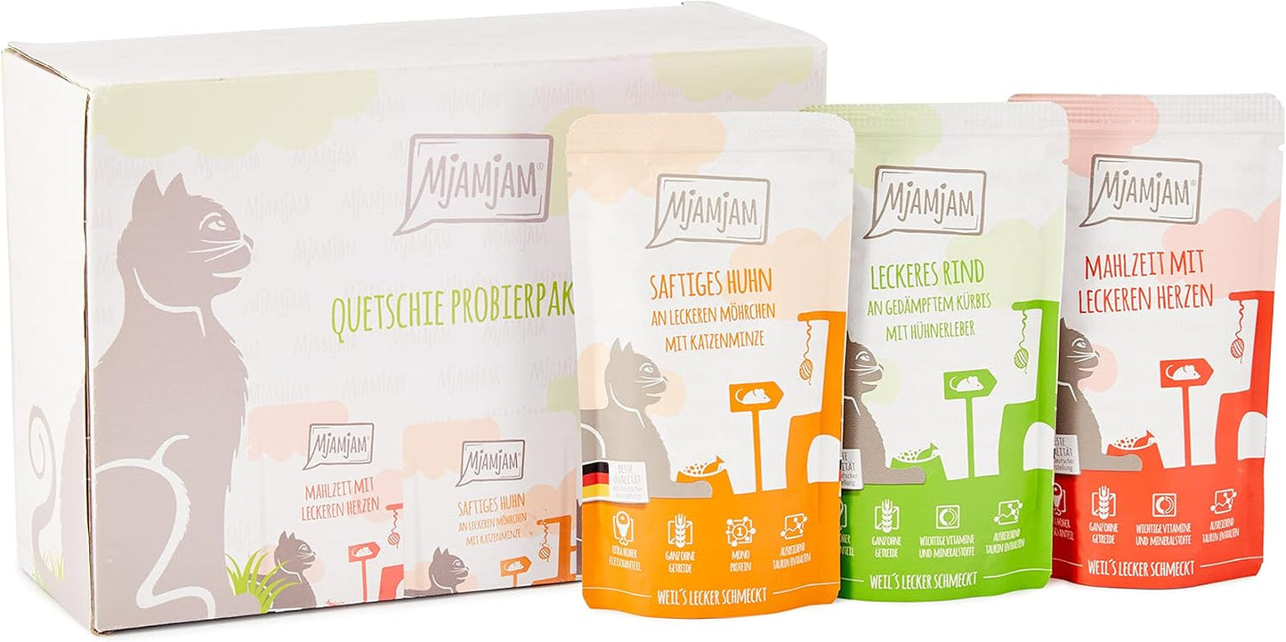 MjAMjAM - Mokra karma premium dla kotów - Pakiet mieszany I - Kurczak, Wołowina, Serca 12 Pak (12 x 125 g), Bez Zbóż z Dodatkowym Mięsem