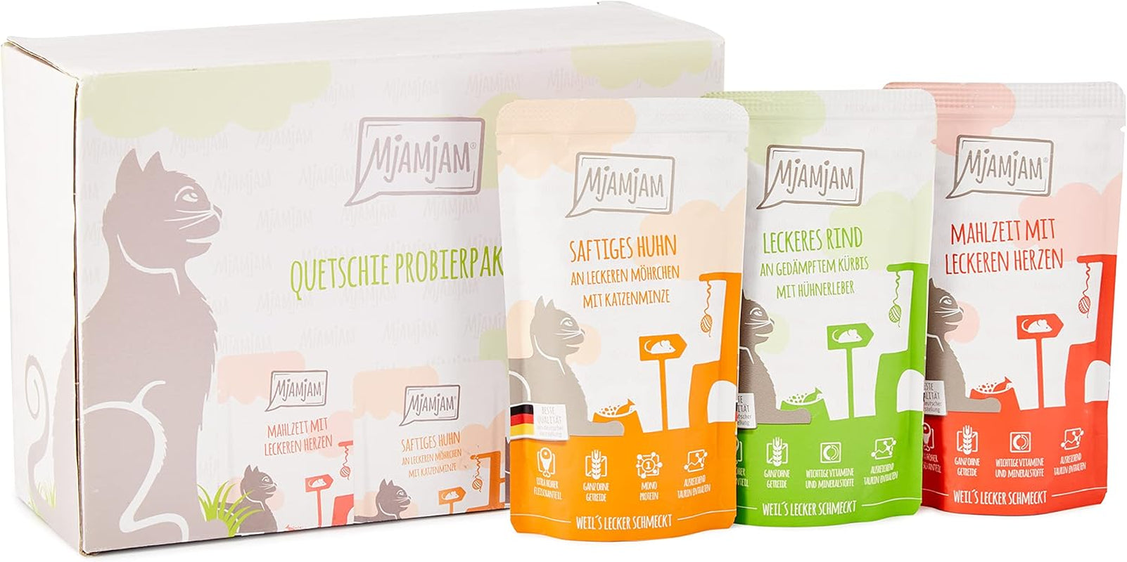 MjAMjAM - Mokra karma premium dla kotów - Pakiet mieszany I - Kurczak, Wołowina, Serca 12 Pak (12 x 125 g), Bez Zbóż z Dodatkowym Mięsem