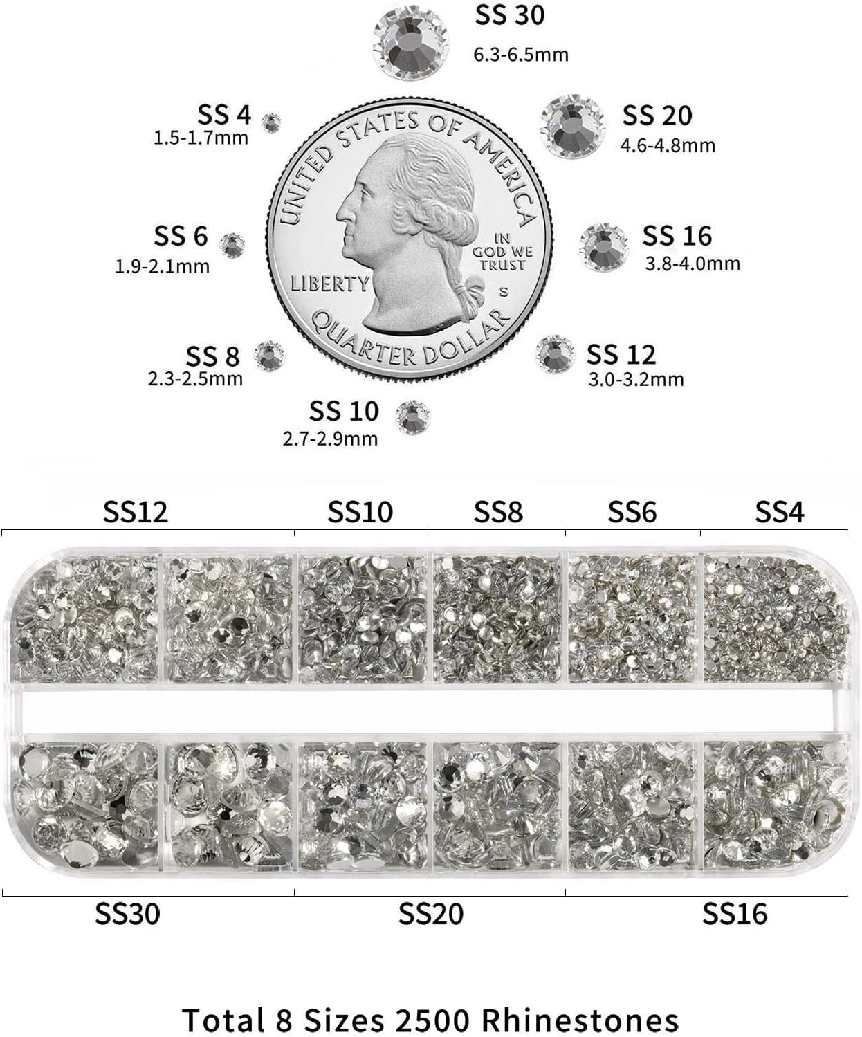 Beadsland 2500 szt. Glas Nailart Strasssteine ​​​​Kristall Flatback Edelsteine ​​​​Runde, ​​Für Handwerk Gemischt 8 Größen SS4 ~ SS30 Mit Picking Pinzette Und Stift (Kristall Weiss)