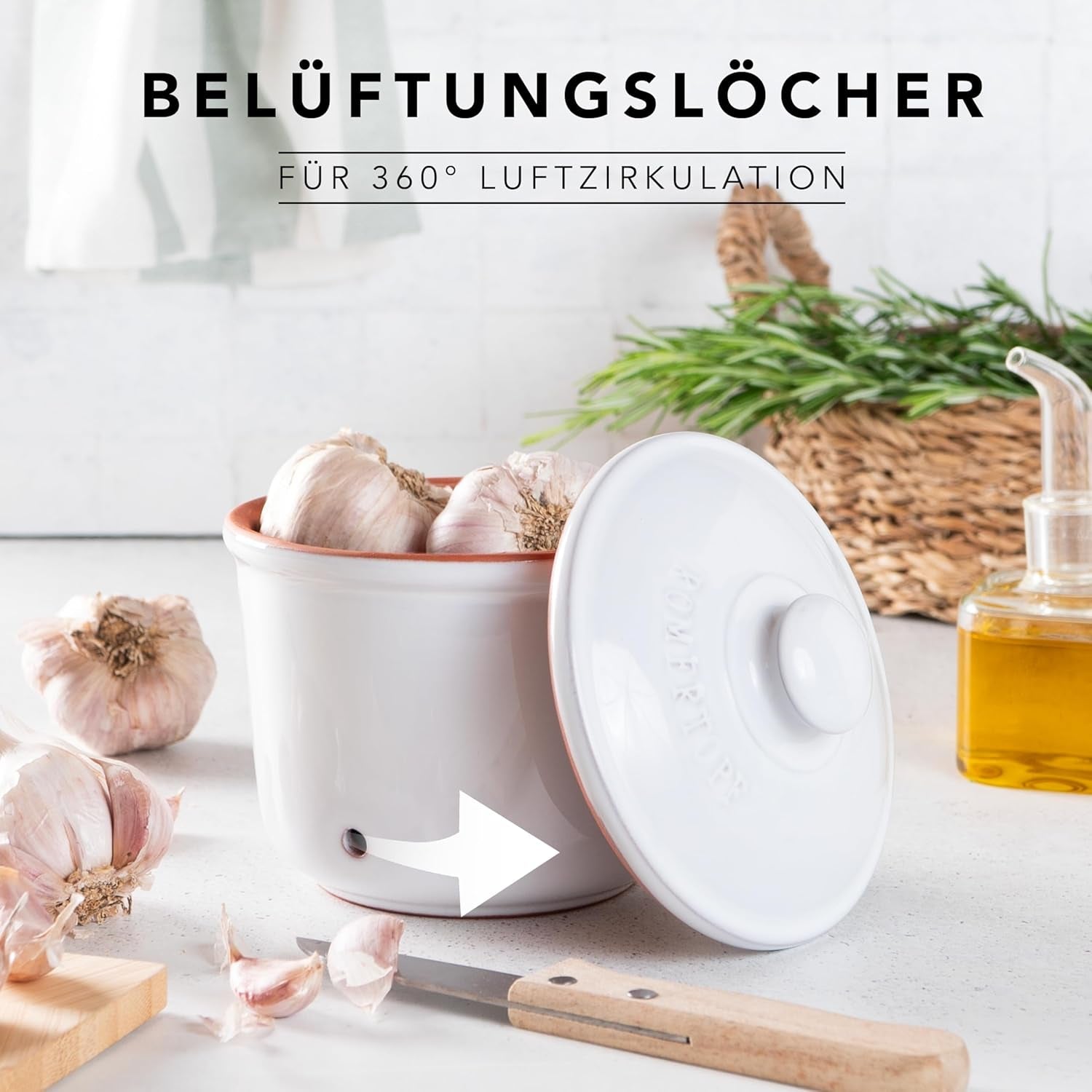 Römertopf Fresh Pot MINI 0,6 litra - Ceramiczny pojemnik na czosnek - Oddychająca glinka utrzymuje warzywa na dłużej świeże - Idealna cyrkulacja powietrza - Biały Pudełka do przechowywania żywności Naty Shop