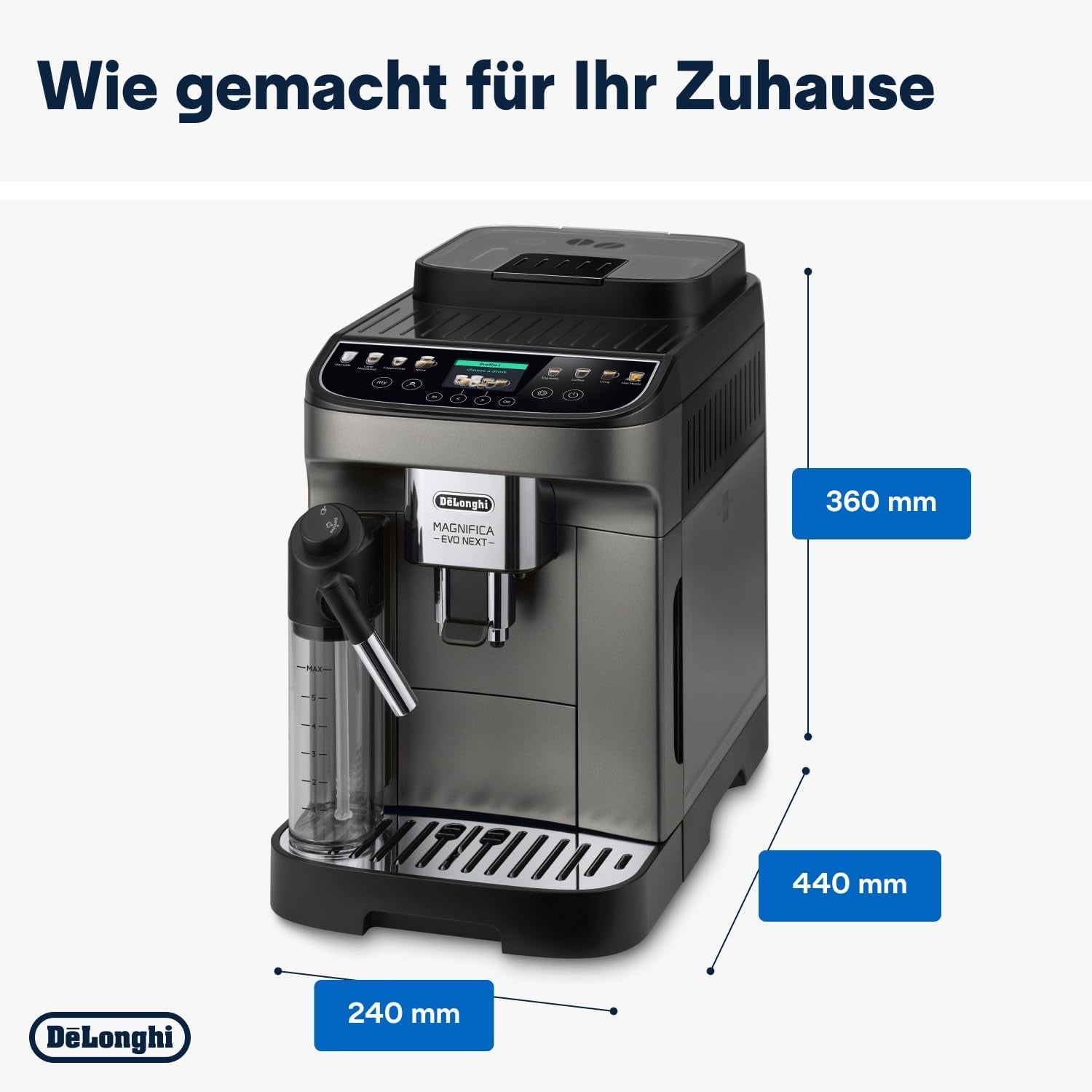 De'Longhi Magnifica Evo Next - W pełni automatyczny ekspres Perfetto ze spieniaczem do mleka LatteCrema, 13 napojów za jednym dotknięciem, ekspres do kawy i cappuccino, kolorowy ekran dotykowy, tytan (ECAM312.80.TB)