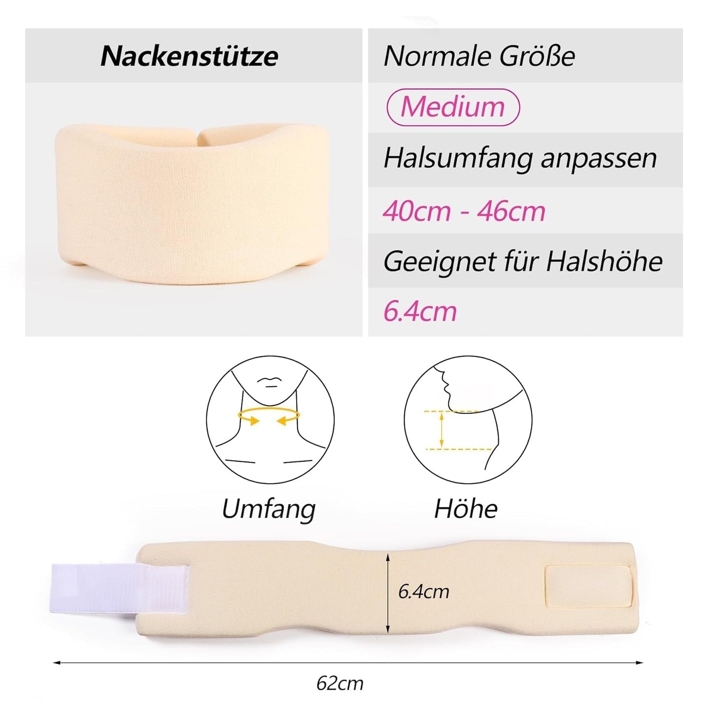 RESTCLOUD Stabilizator szyi wykonany z miękkiej pianki, uniwersalny kołnierz, regulowany stabilizator szyi do snu - łagodzenie bólu szyi (biały, głęboki kołnierz 6,4 cm, M) Poduszki ortopedyczne szyjki macicy Naty Shop
