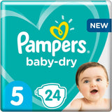 Pieluchy Pampers dla niemowląt rozmiar 5 (11-16 kg), 24 sztuki, ochrona przed wyciekaniem do 12 godzin