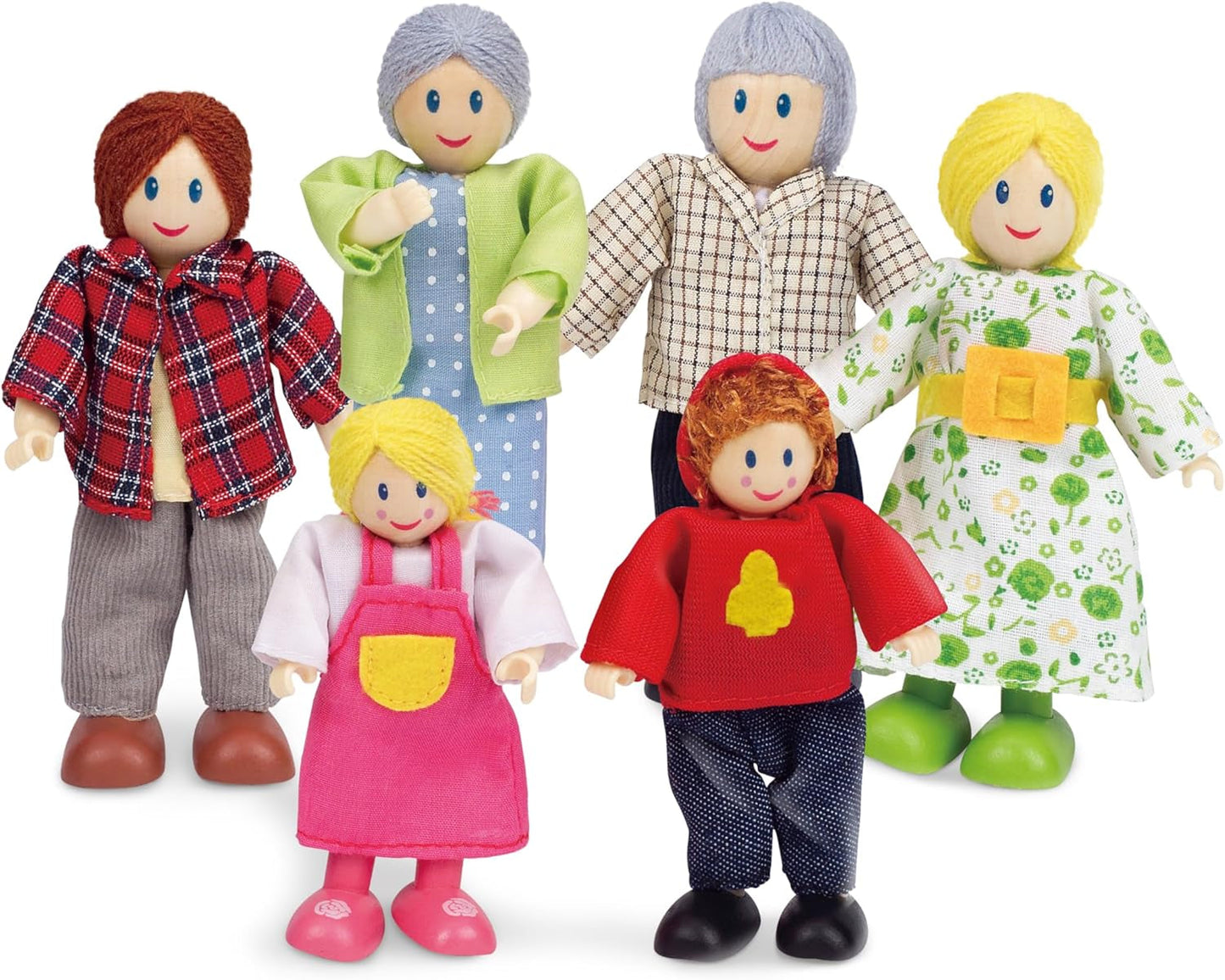 Nagradzany zestaw domków dla lalek Hape Doll Family, unikalne drewniane akcesoria do domku dla lalek, pomysłowa zabawa, 6 członków rodziny lalek, wiek od 3 lat