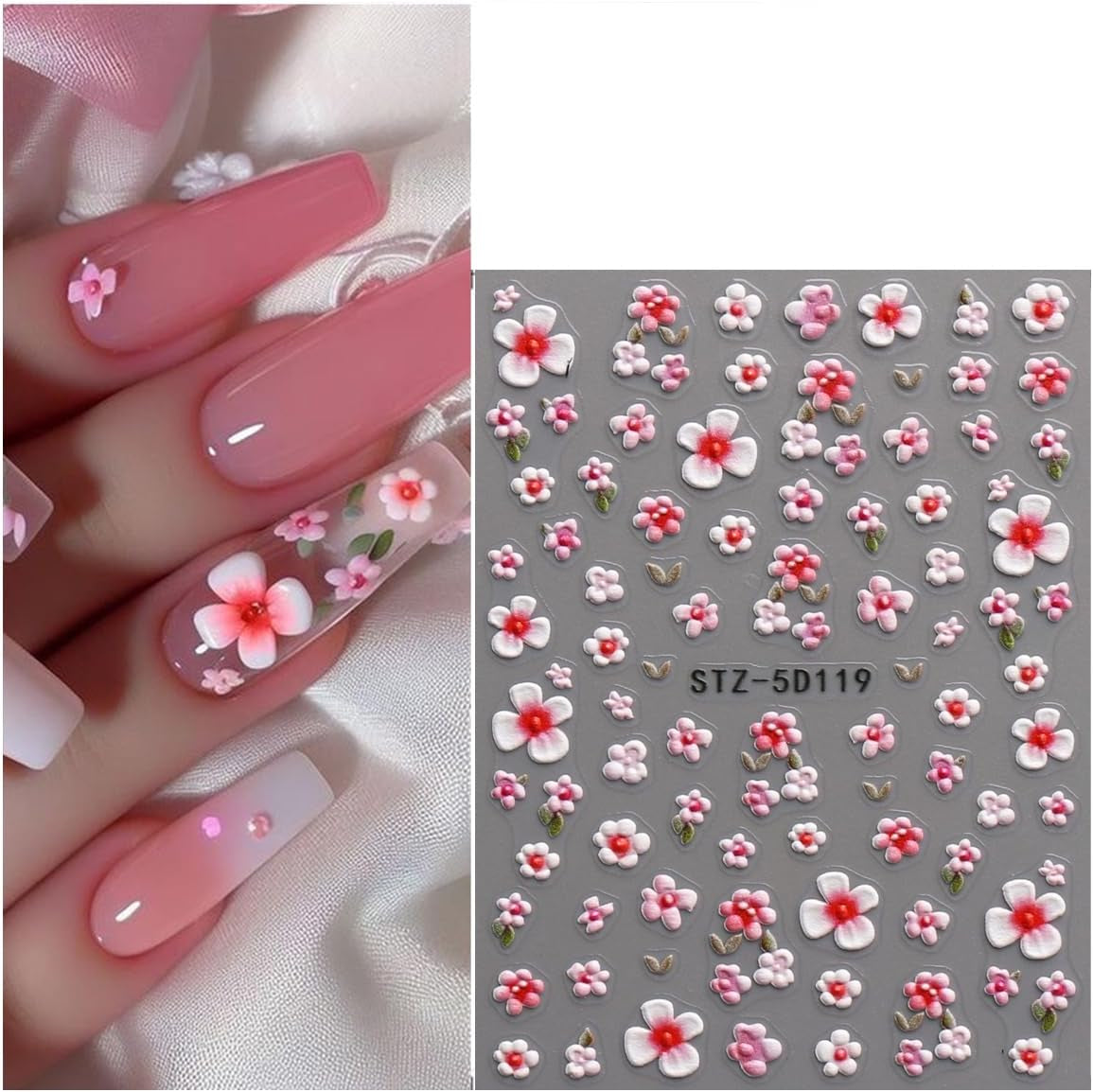 JMEOWIO 3D Nagelsticker Blume Nail Art Naklejka Selbstklebend Nagelaufkleber 5D Stereoskopisch Frühling Letnia dekoracja kwiatowa Nageldesign Zubehör 4 Blatt