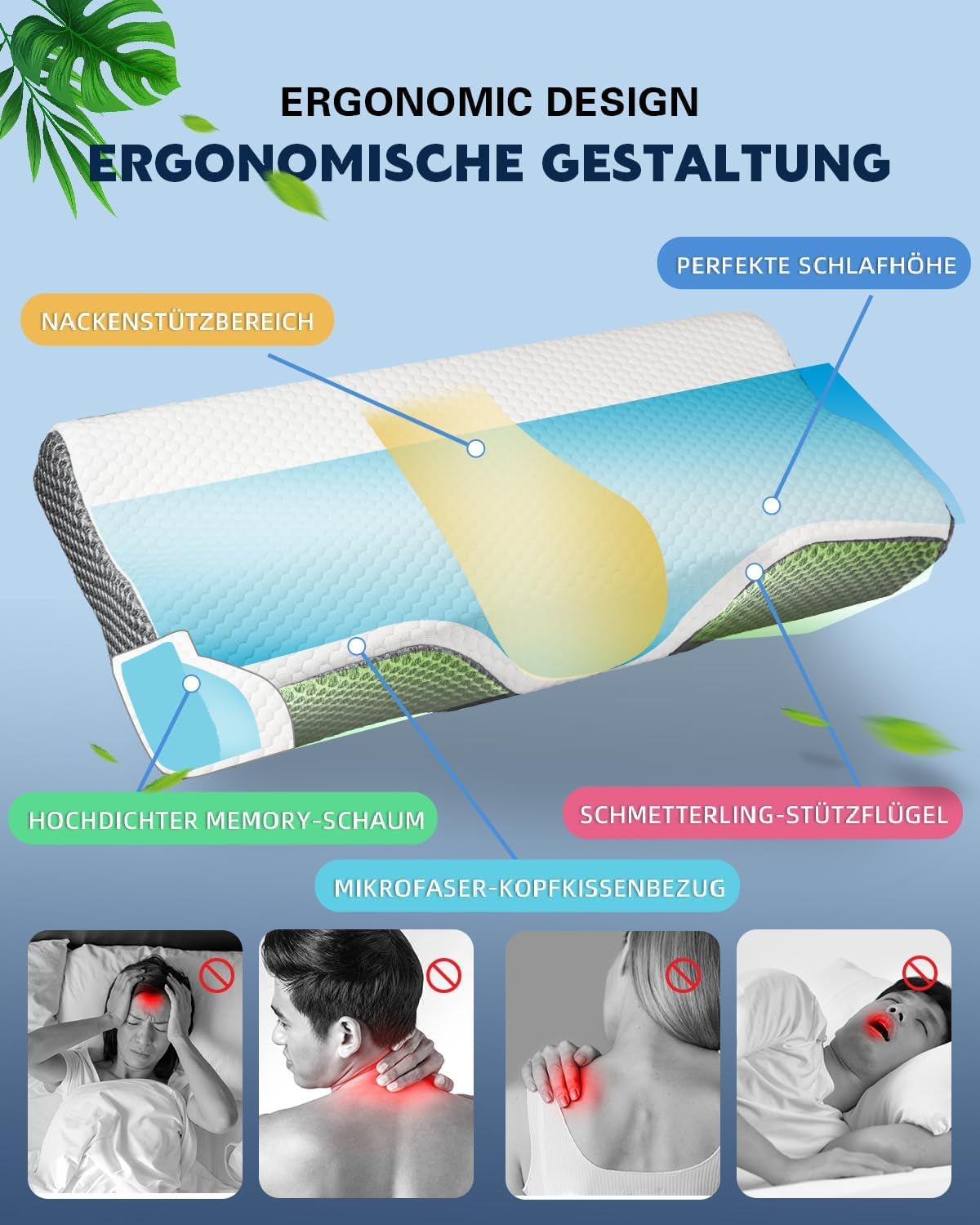 Poduszka IDEA, ergonomiczna poduszka ortopedyczna na ból szyi, poduszka z pianki memory do podkładów bocznych, pleców i brzucha, poduszka przeciw chrapaniu dla kobiet i mężczyzn (62 * 34,5 * 12/8 CM) Poduszki ortopedyczne na szyję Naty Shop