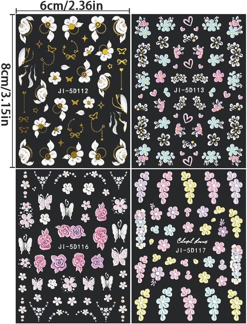 5D Geprägte Blume Nagelsticker Nagelfolie Selbstklebend Acryl Geschnitzte Blumen Nagelaufkleber Schmetterling Naklejka na paznokcie Blütenblätter Nageldesign Aufkleber Nägel Zubehör Kwiatowe naklejki na paznokcie