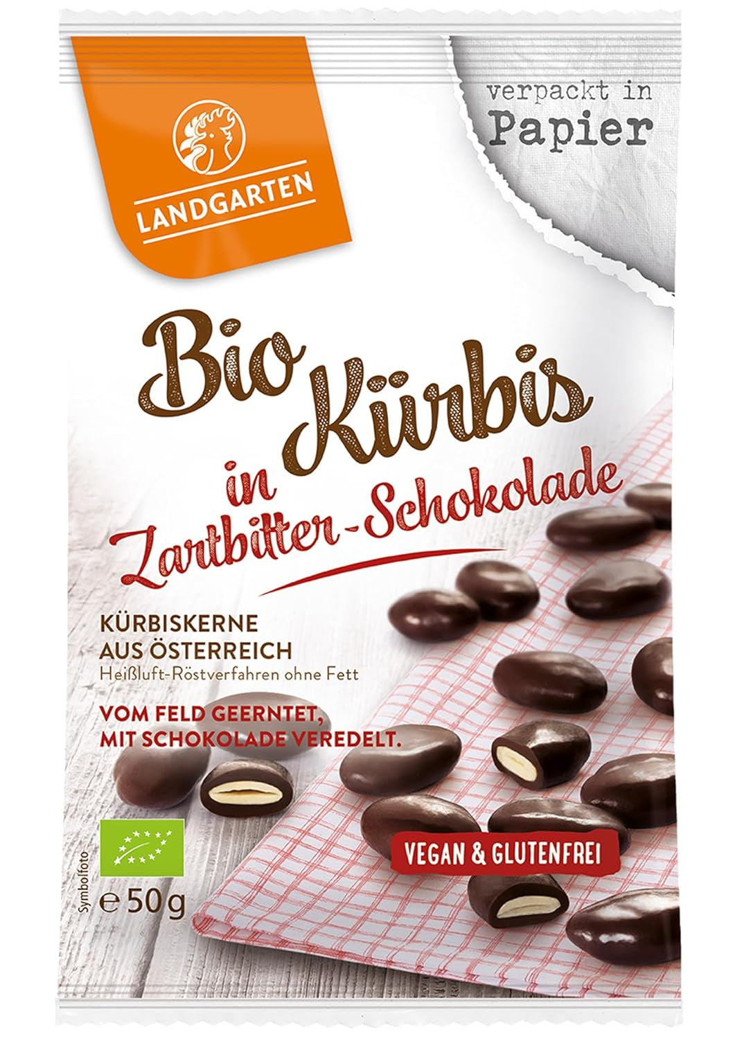 Landgarten Organiczne pestki dyni w ciemnej czekoladzie - Wegańska przekąska czekoladowa z pieczonymi pestkami dyni - źródło magnezu - 1 x 50g