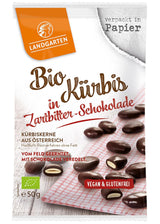 Landgarten Organiczne pestki dyni w ciemnej czekoladzie - Wegańska przekąska czekoladowa z pieczonymi pestkami dyni - źródło magnezu - 1 x 50g