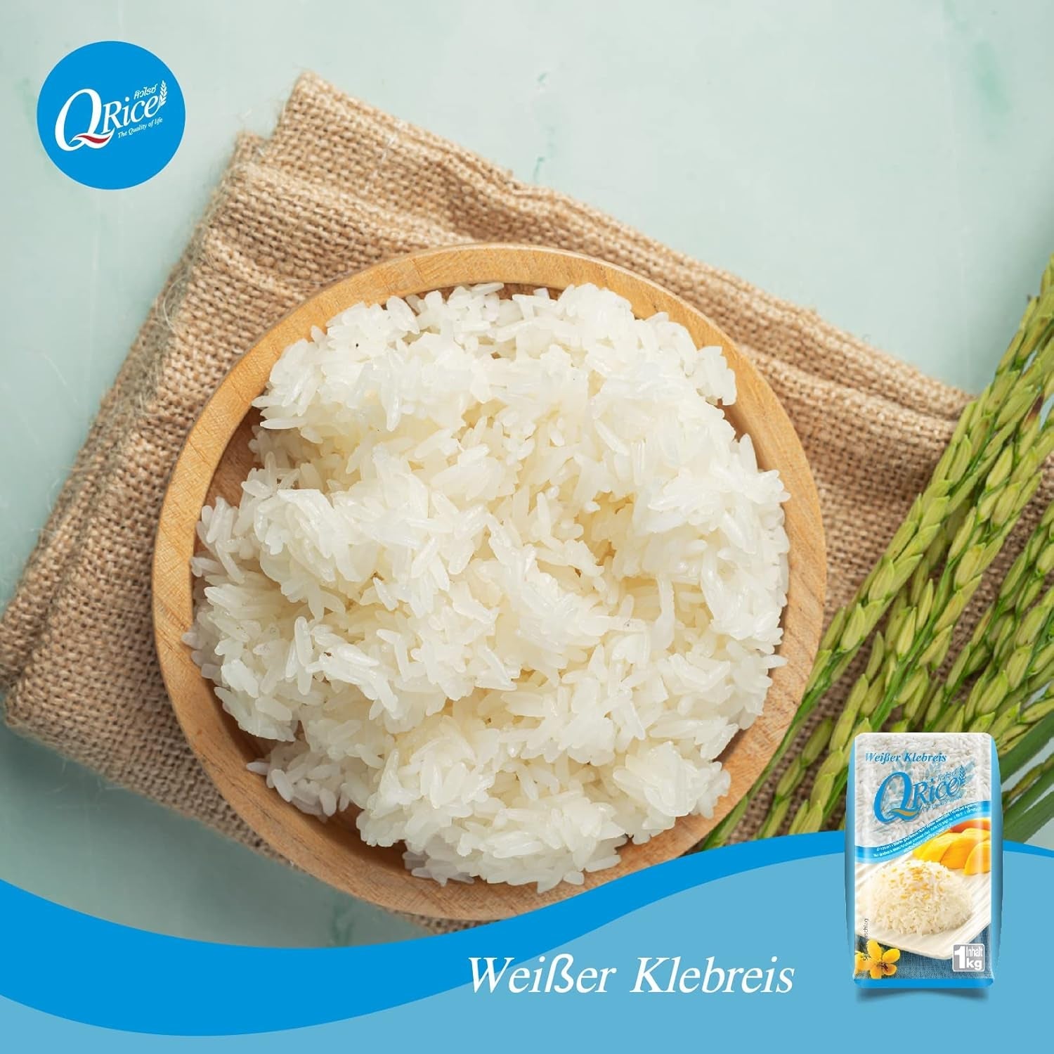 Q RYŻ | Weißer Klebreis Langkorn z Tajlandii | Aromatisch mit klebriger Textur | Idealny do curry, sushi, mochi lub puddingu ryżowego 1 x 1 kg