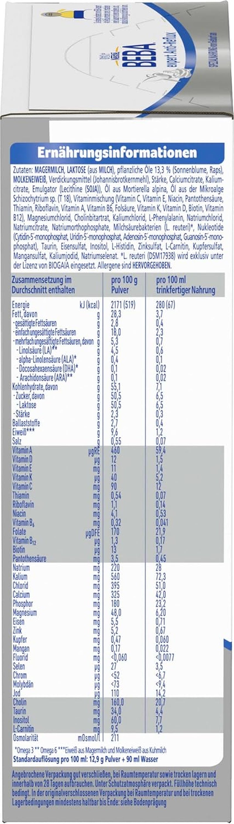 BEBA expert Anti-Reflux - AR Specjalna formuła od urodzenia na wzmożone odbijanie i wymioty, żywność dla niemowląt, mleko w proszku dla niemowląt, 1 opakowanie (1 x 500g)