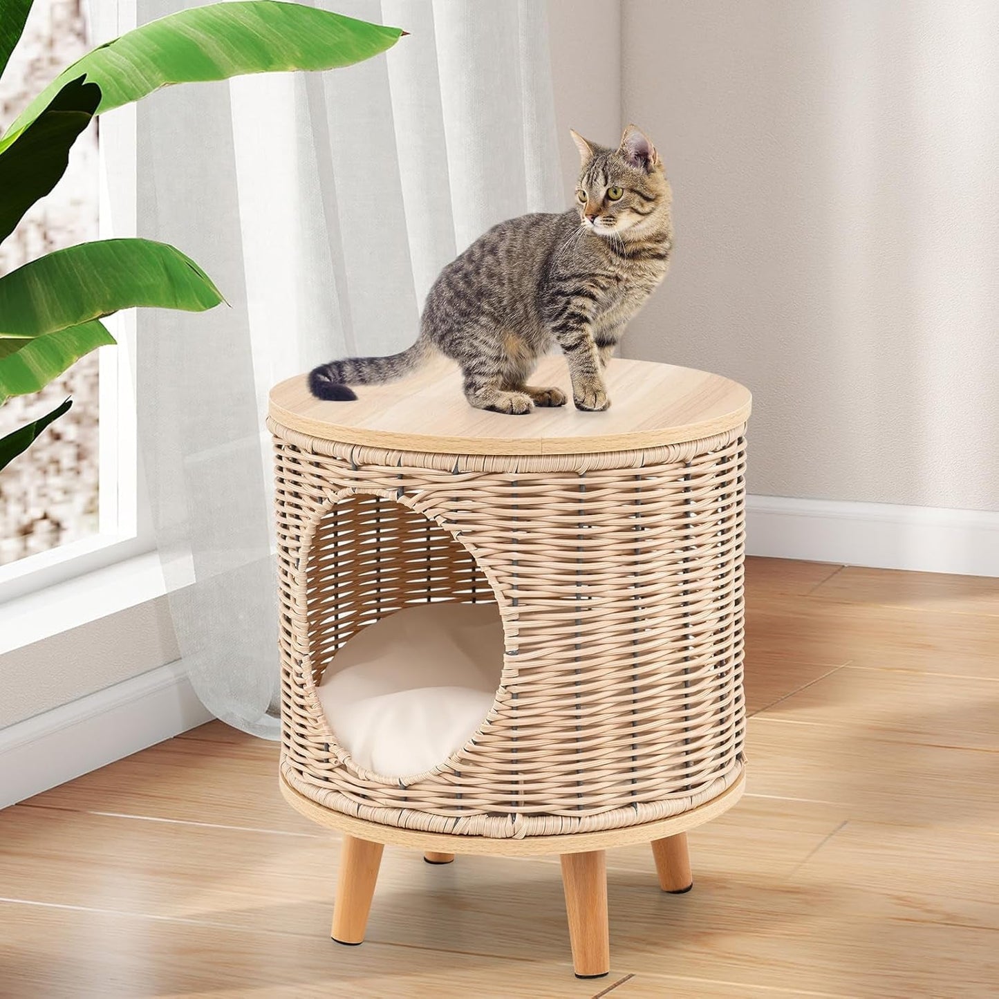Katzenhaus Rattan, Katzenmöbel mit Holzbeinen & soft Kissen, 3 w 1 Katzenhöhle Fußhocker Nachttisch, Katzenbett stabil bis 30 kg dla Wohnzimmer Schlafzimmer