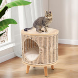 Katzenhaus Rattan, Katzenmöbel mit Holzbeinen & soft Kissen, 3 w 1 Katzenhöhle Fußhocker Nachttisch, Katzenbett stabil bis 30 kg dla Wohnzimmer Schlafzimmer